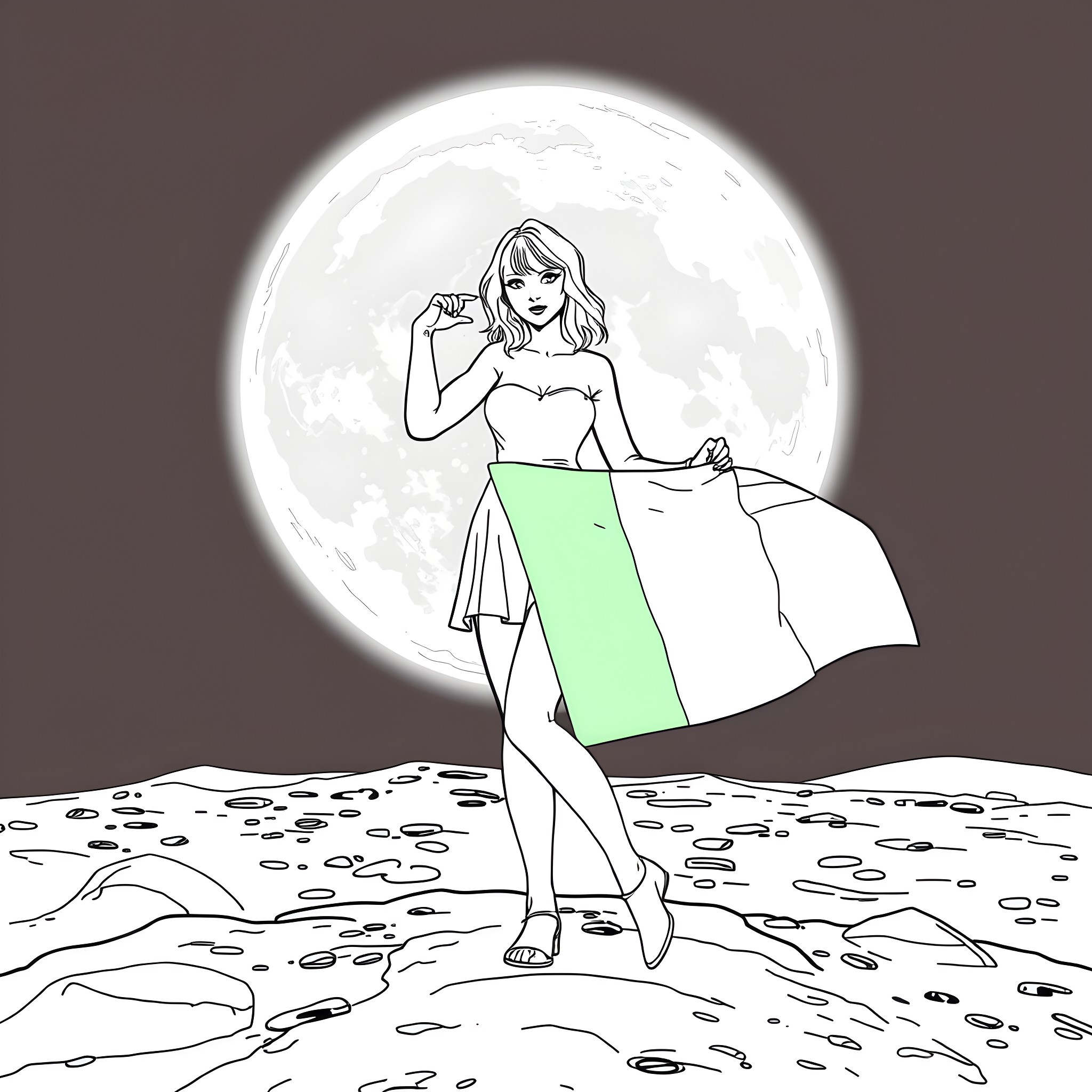 Taylor Swift's Moonlit Beach Stroll Coloring Page (free black-and-white line drawing printable PDF for all, from beginners to advanced learners, including children, teens, adults, and seniors)