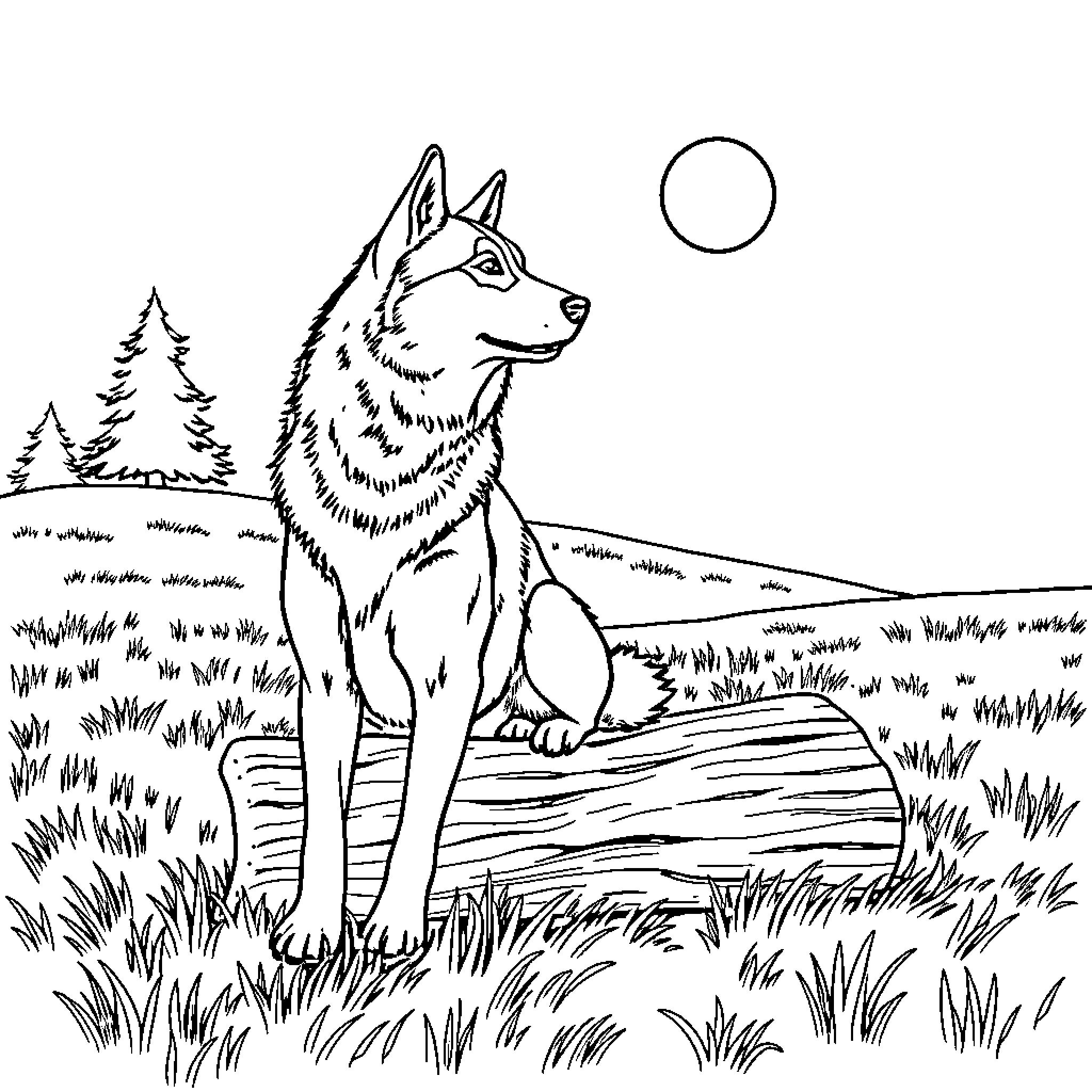 Husky exploring the wilderness at sunset Coloring Page (free black-and-white line drawing printable PDF for all, from beginners to advanced learners, including children, teens, adults, and seniors)