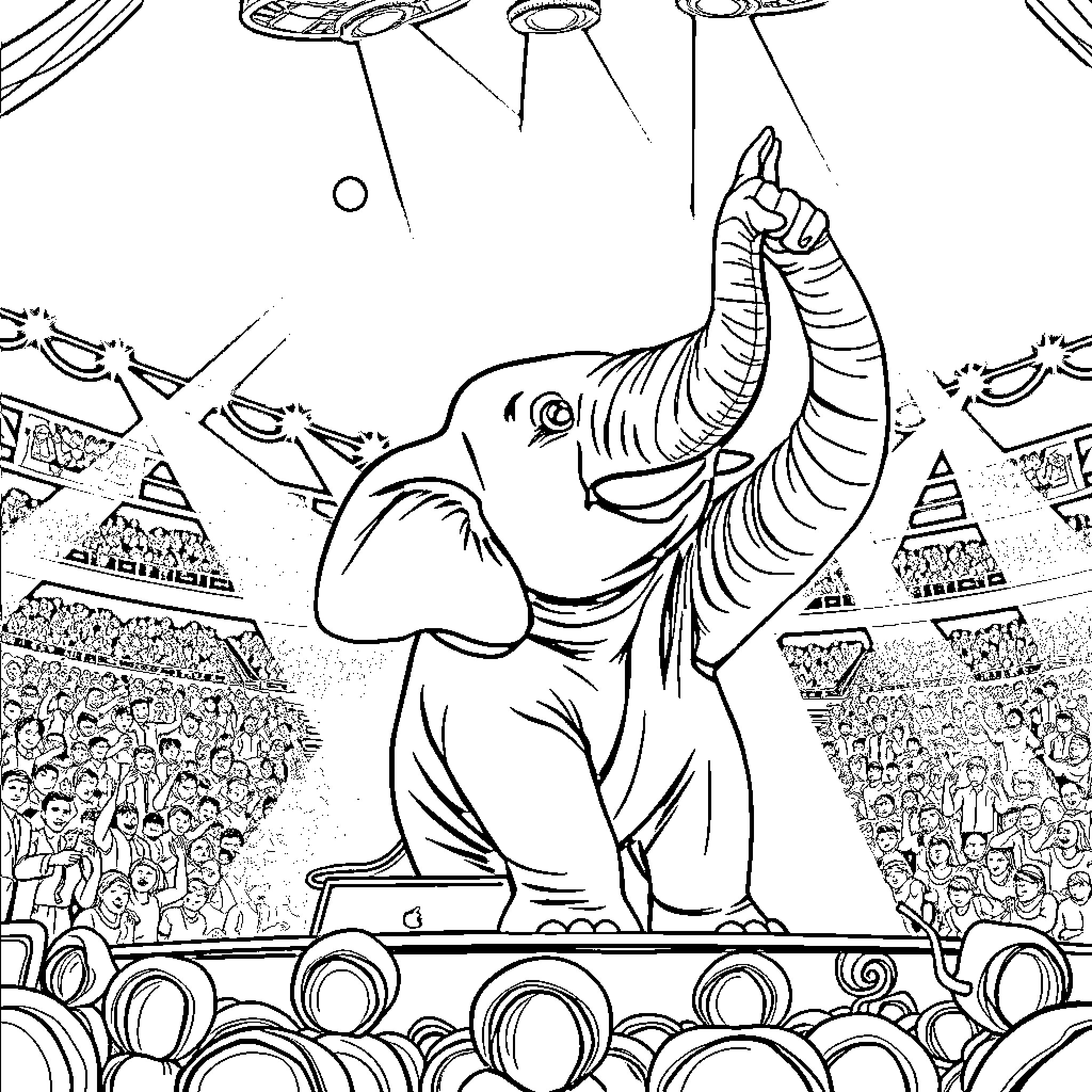 Elephant performing in a circus show Coloring Page (free black-and-white line drawing printable PDF for all, from beginners to advanced learners, including children, teens, adults, and seniors)