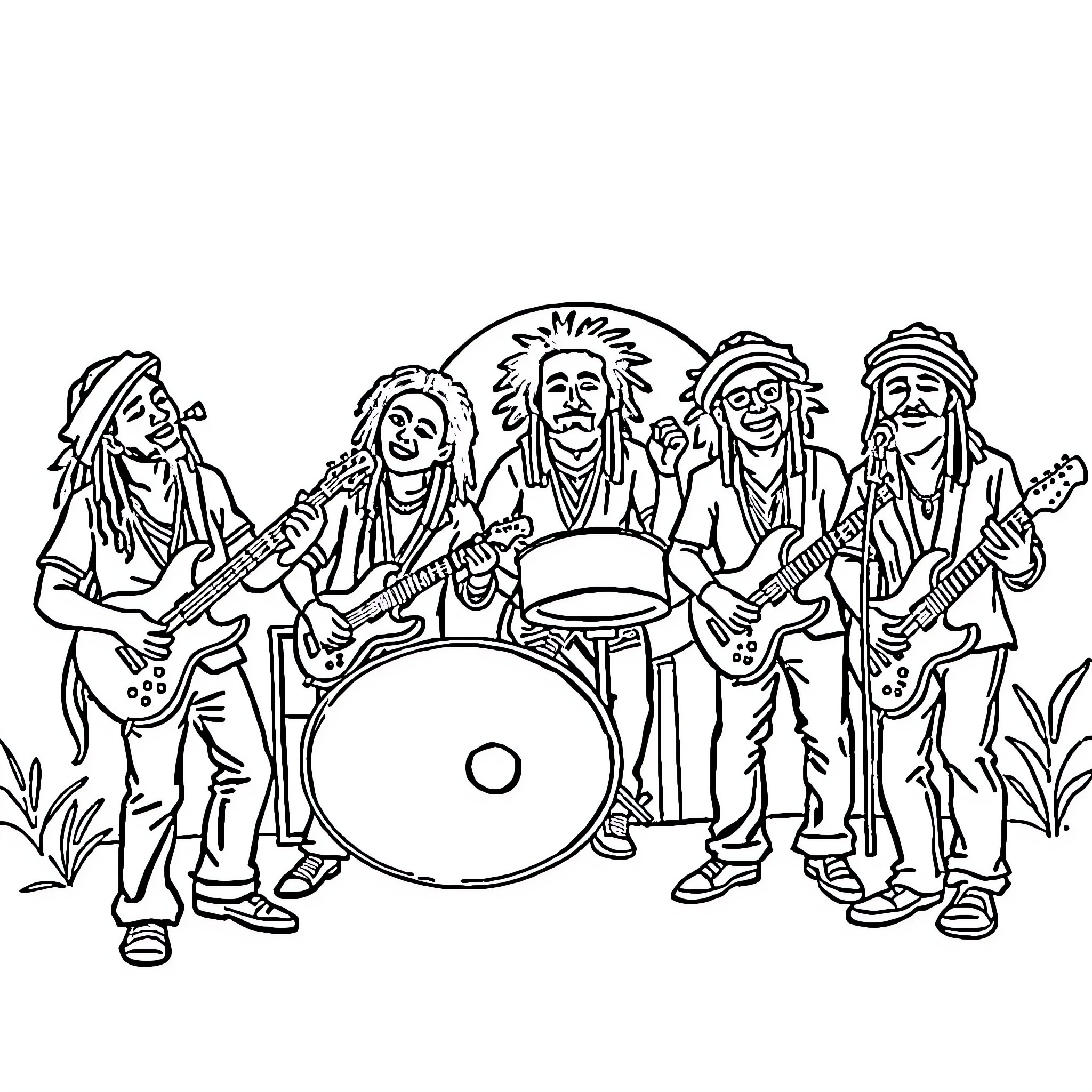 Band of musicians performing lively on stage Coloring Page (free black-and-white line drawing printable PDF for all, from beginners to advanced learners, including children, teens, adults, and seniors)