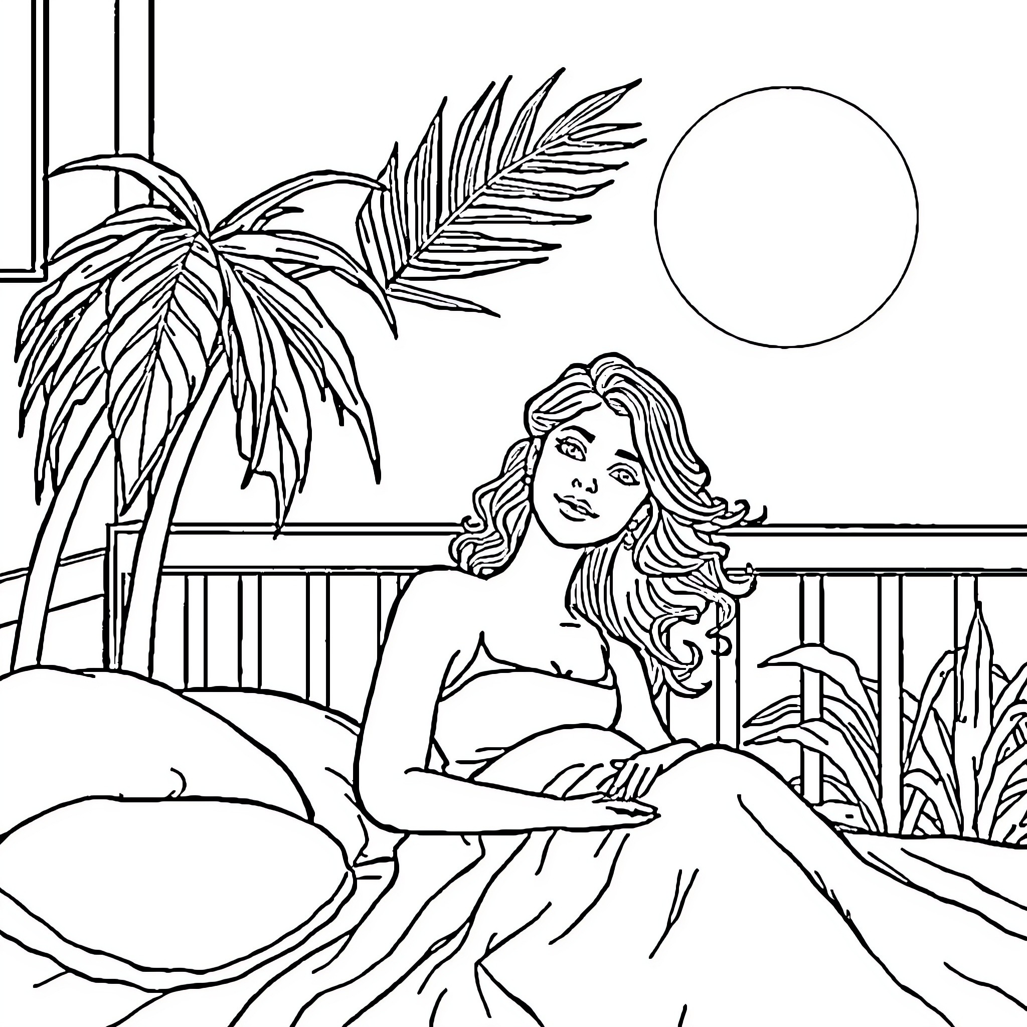 Vrouw relaxing peacefully on porch in tropical setting Coloring Page (free black-and-white line drawing printable PDF for all, from beginners to advanced learners, including children, teens, adults, and seniors)