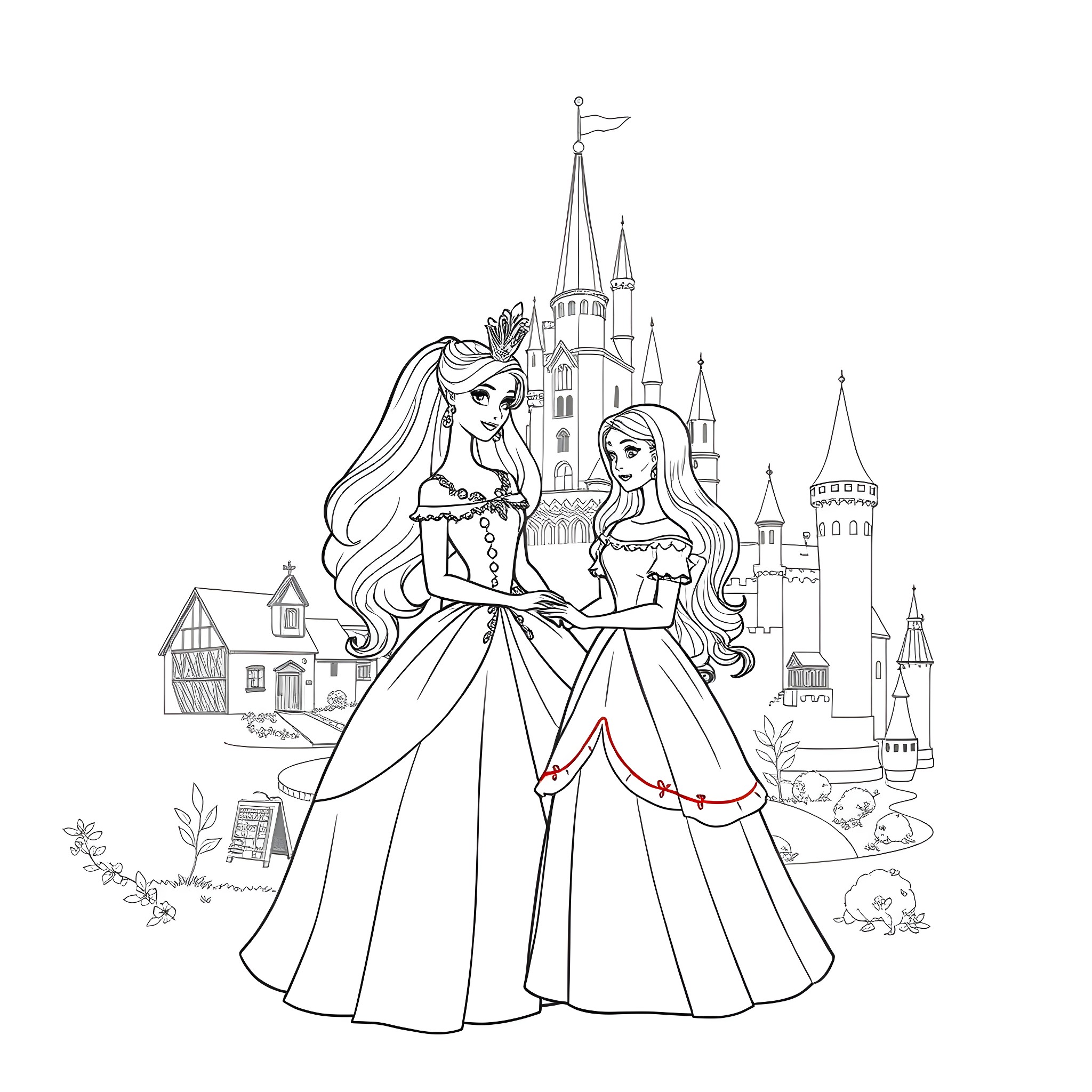 Barbie and friend explore a magical castle Coloring Page (free black-and-white line drawing printable PDF for all, from beginners to advanced learners, including children, teens, adults, and seniors)