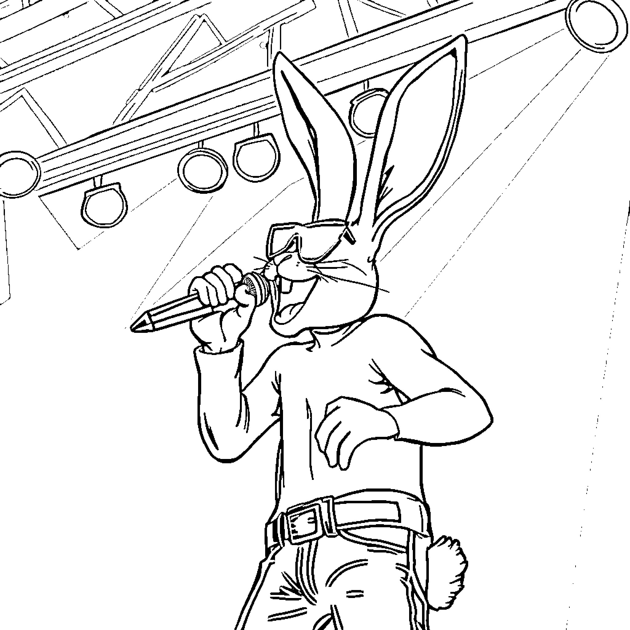 Bad Bunny Performing on Stage Coloring Page (free black-and-white line drawing printable PDF for all, from beginners to advanced learners, including children, teens, adults, and seniors)