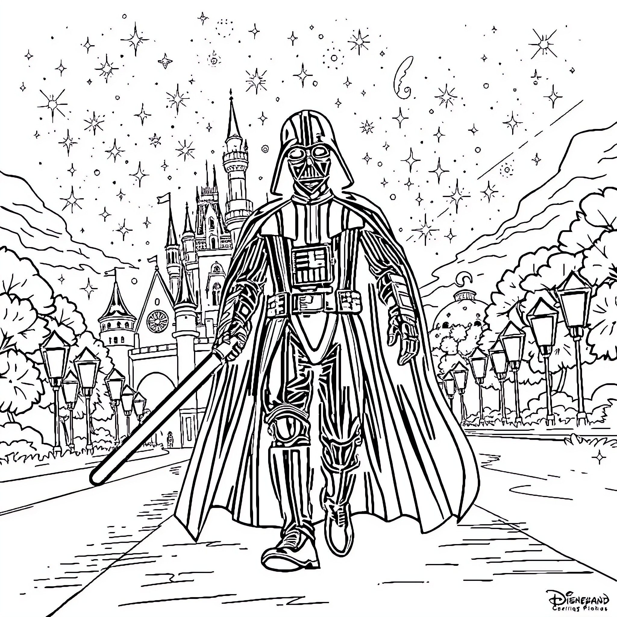 Darth Vader amidst a fantastical Star Wars landscape Coloring Page (free black-and-white line drawing printable PDF for all, from beginners to advanced learners, including children, teens, adults, and seniors)