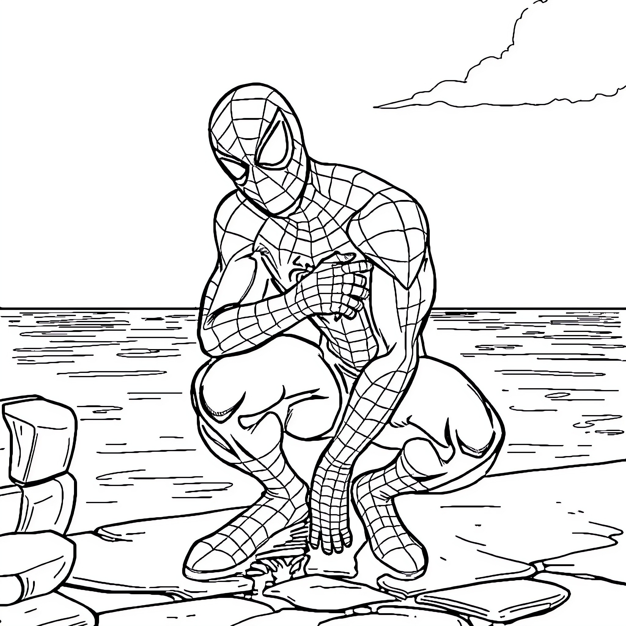 Spiderman surfing on the beach Coloring Page (free black-and-white line drawing printable PDF for all, from beginners to advanced learners, including children, teens, adults, and seniors)