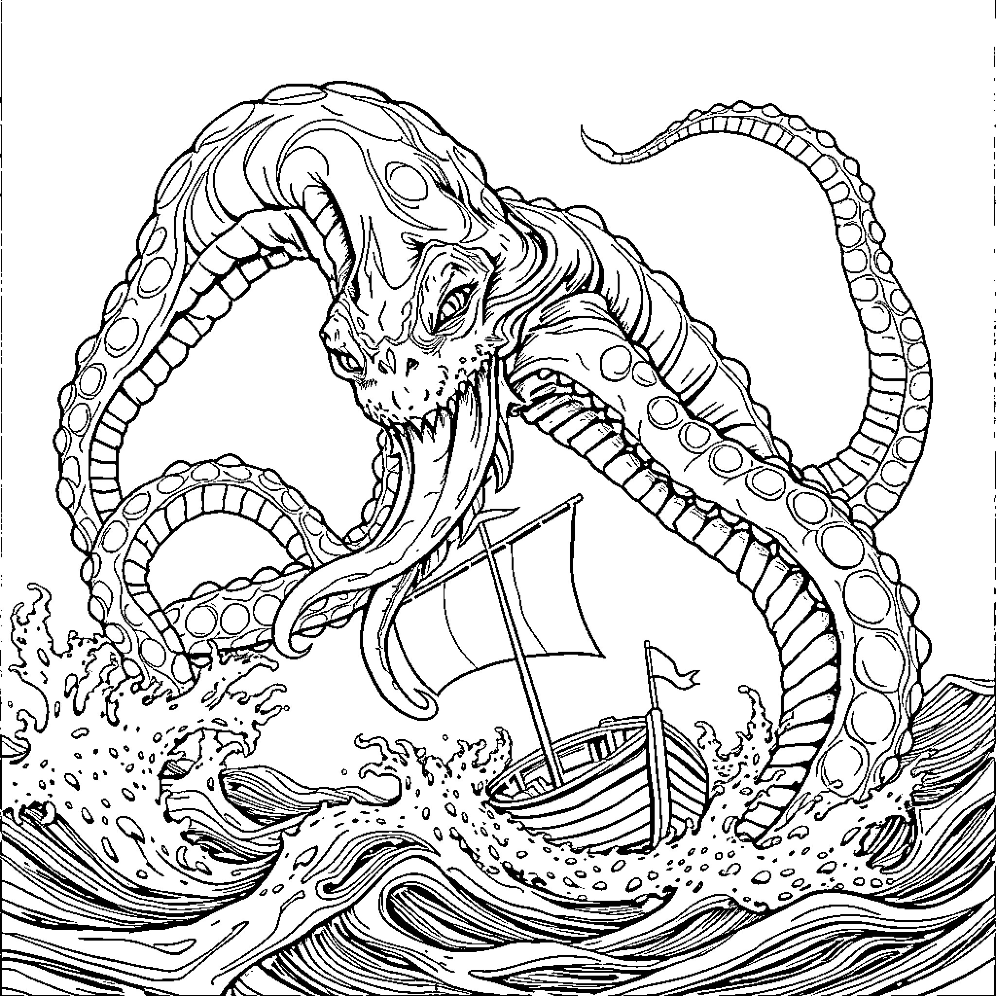 Kraken attacking a ship at sea Coloring Page (free black-and-white line drawing printable PDF for all, from beginners to advanced learners, including children, teens, adults, and seniors)
