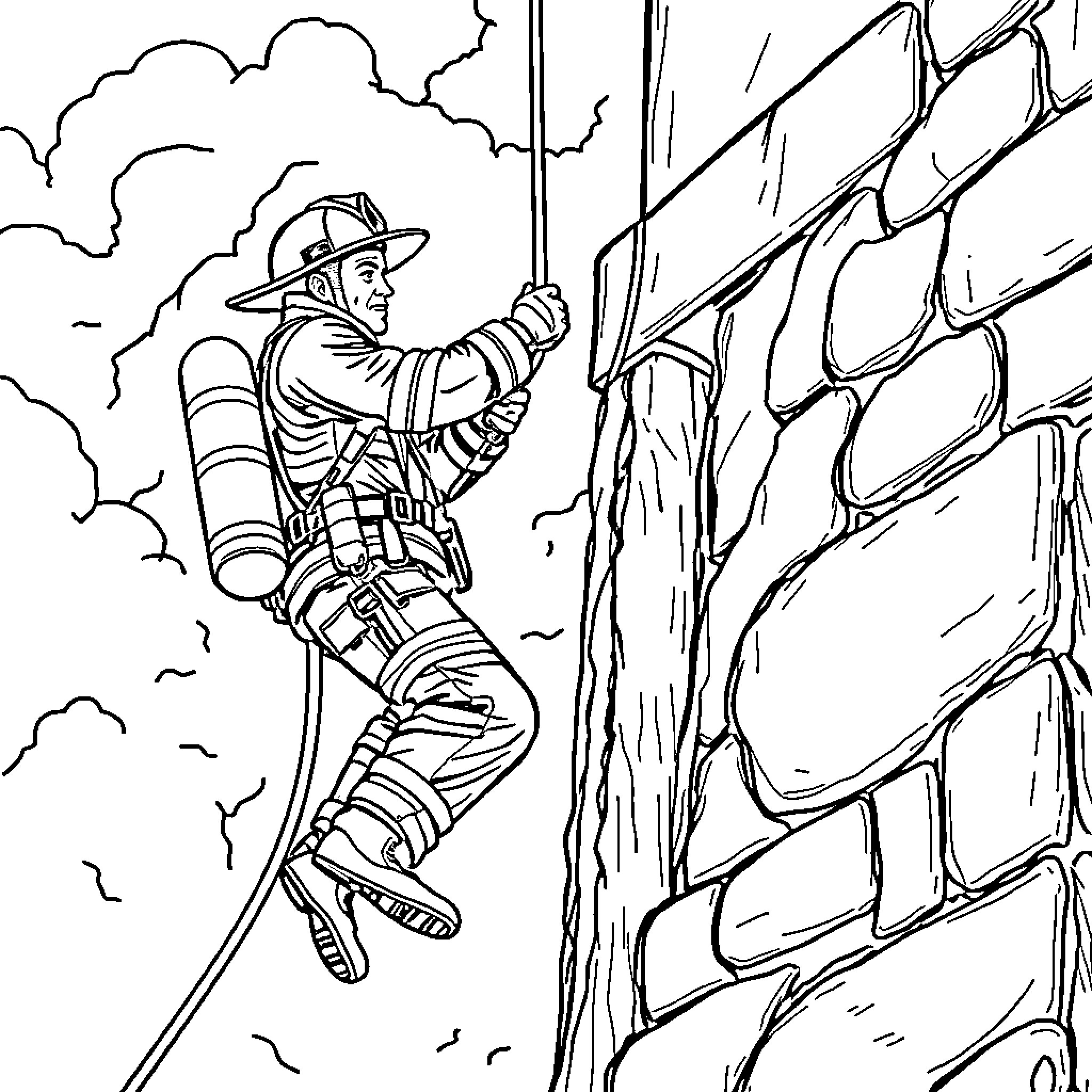 Fireman climbing up the rocky cliff with rescue equipment Coloring Page (free black-and-white line drawing printable PDF for all, from beginners to advanced learners, including children, teens, adults, and seniors)