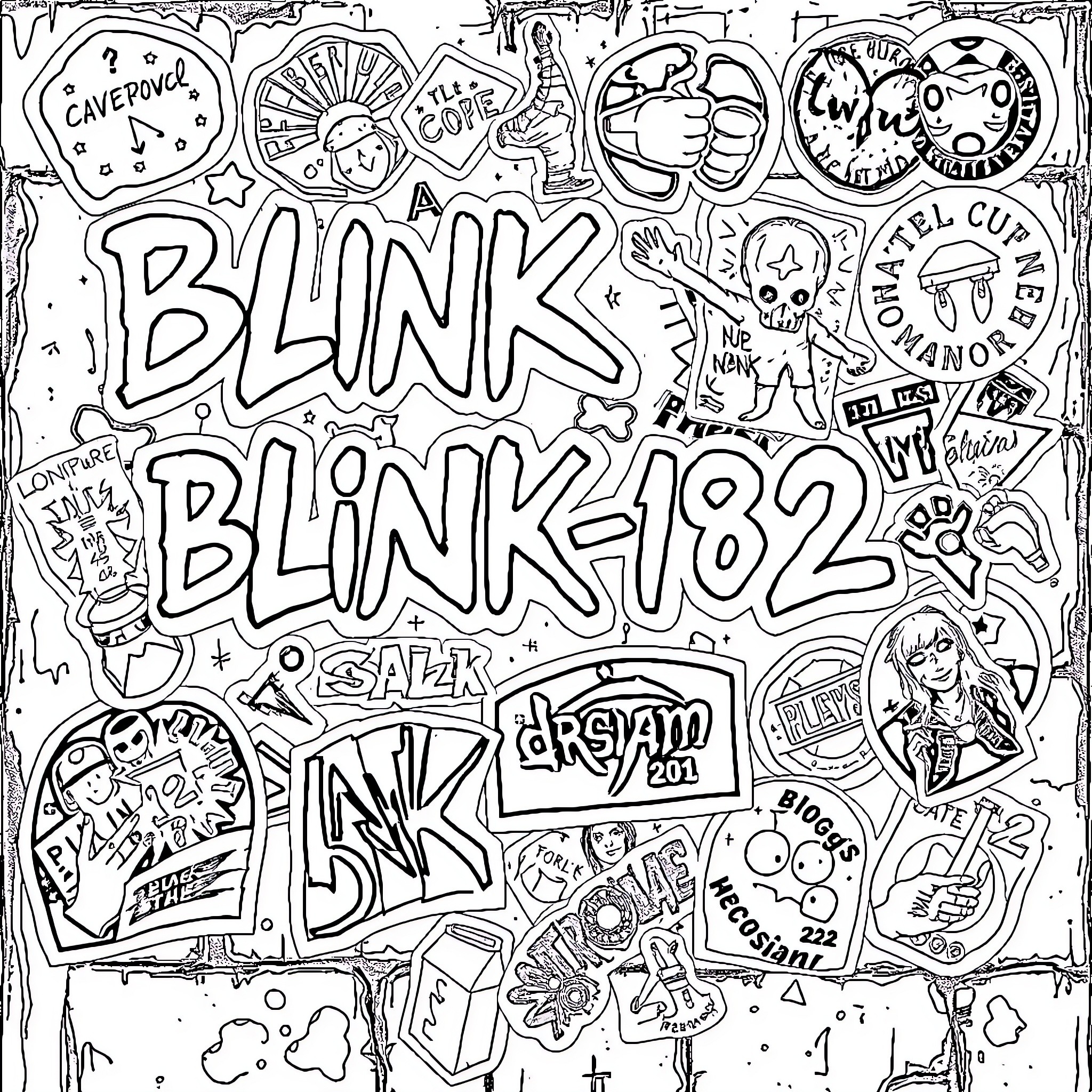 Sticker Collage of Blink-182 Band Imagery Coloring Page (free black-and-white line drawing printable PDF for all, from beginners to advanced learners, including children, teens, adults, and seniors)