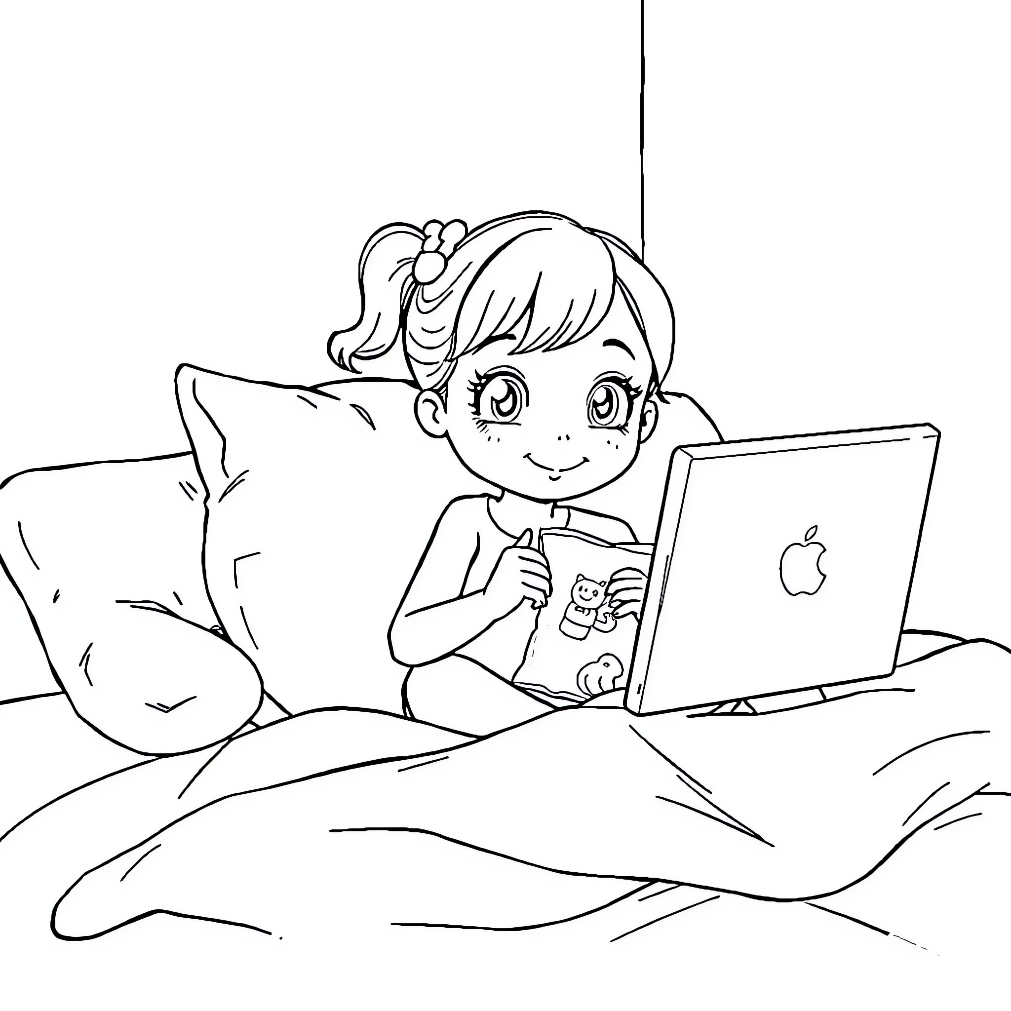 Girl using laptop in bed Coloring Page (free black-and-white line drawing printable PDF for all, from beginners to advanced learners, including children, teens, adults, and seniors)