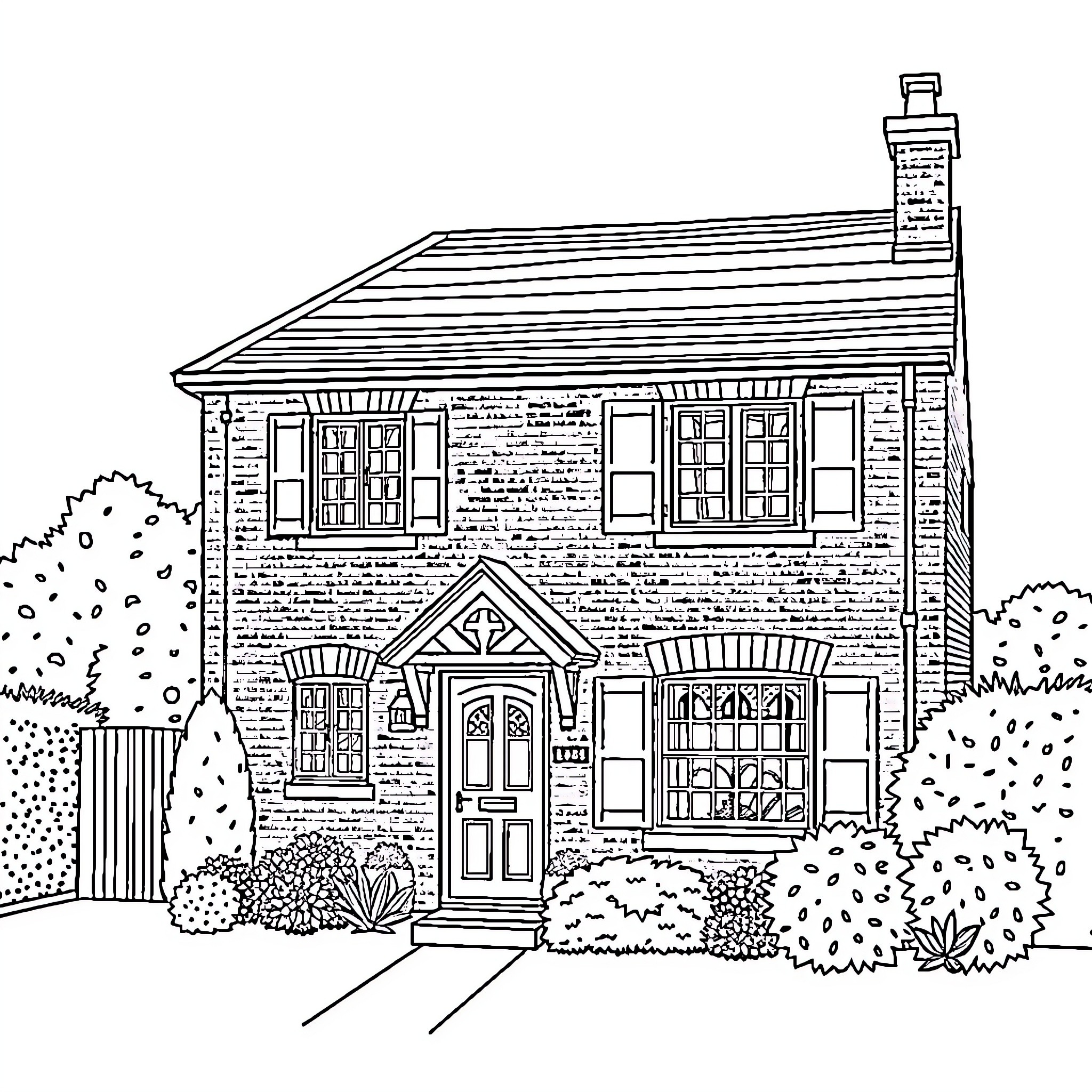House with detailed architectural features Coloring Page (free black-and-white line drawing printable PDF for all, from beginners to advanced learners, including children, teens, adults, and seniors)