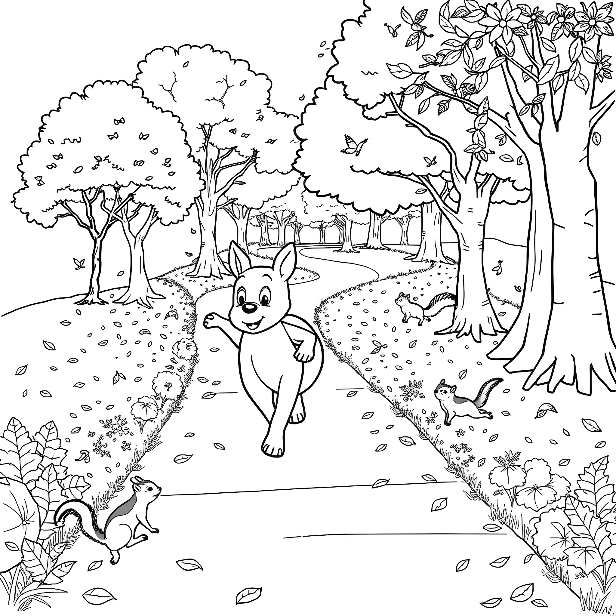 Bluey playing in the enchanting forest Coloring Page (free black-and-white line drawing printable PDF for all, from beginners to advanced learners, including children, teens, adults, and seniors)