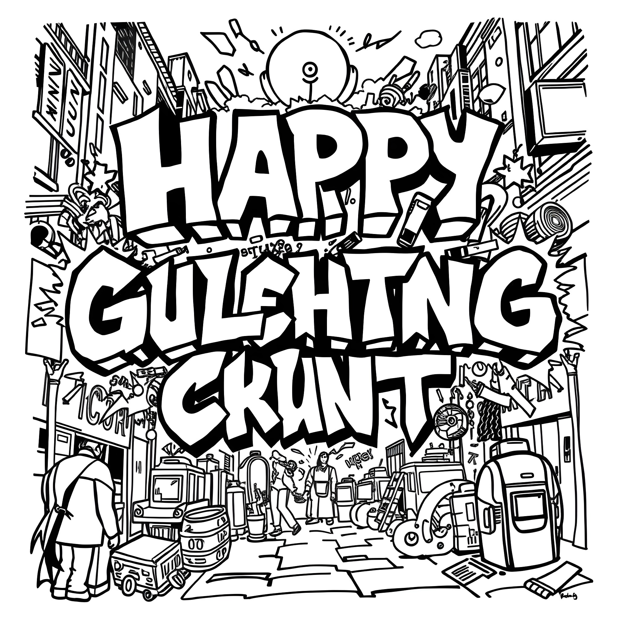 Art Deco Cityscape with Happy Grunts Coloring Page (free black-and-white line drawing printable PDF for all, from beginners to advanced learners, including children, teens, adults, and seniors)