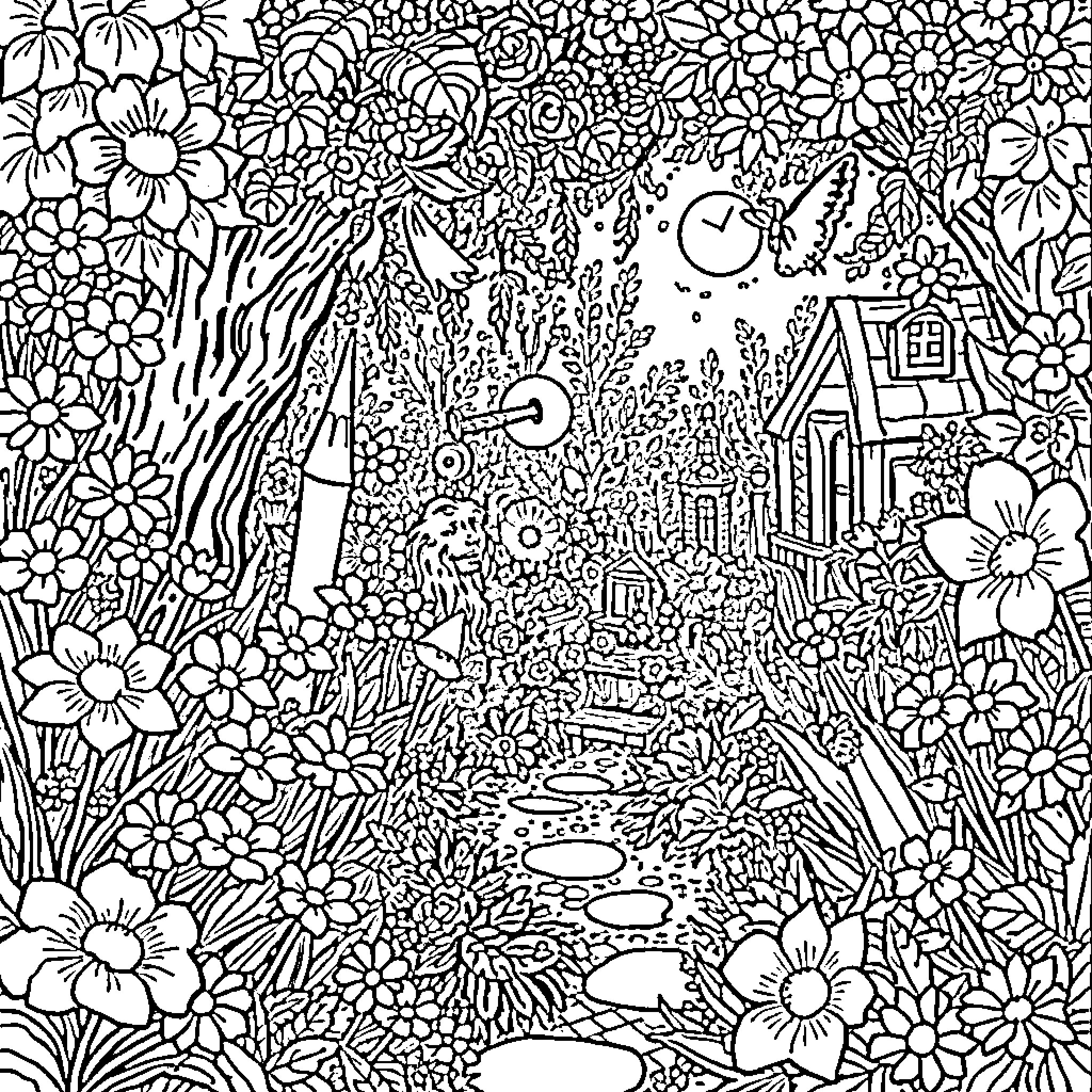 Garden of Whimsical Floral Delight Coloring Page (free black-and-white line drawing printable PDF for all, from beginners to advanced learners, including children, teens, adults, and seniors)