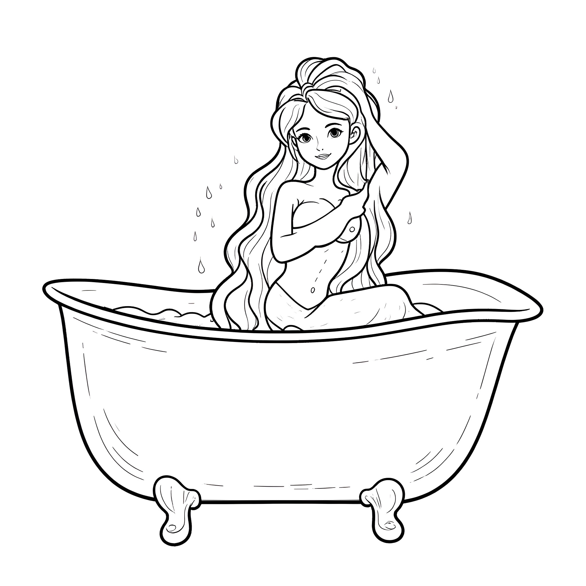 Mermaid relaxing in a bathtub Coloring Page (free black-and-white line drawing printable PDF for all, from beginners to advanced learners, including children, teens, adults, and seniors)