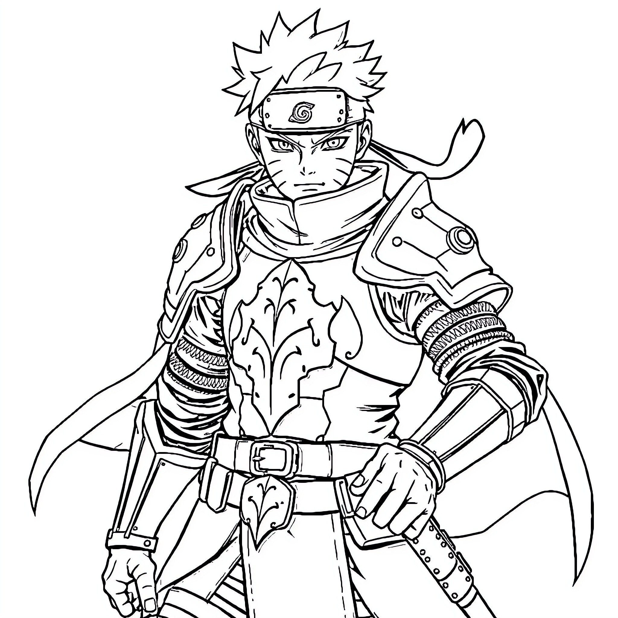 Naruto in Heroic Ninja Stance Coloring Page (free black-and-white line drawing printable PDF for all, from beginners to advanced learners, including children, teens, adults, and seniors)
