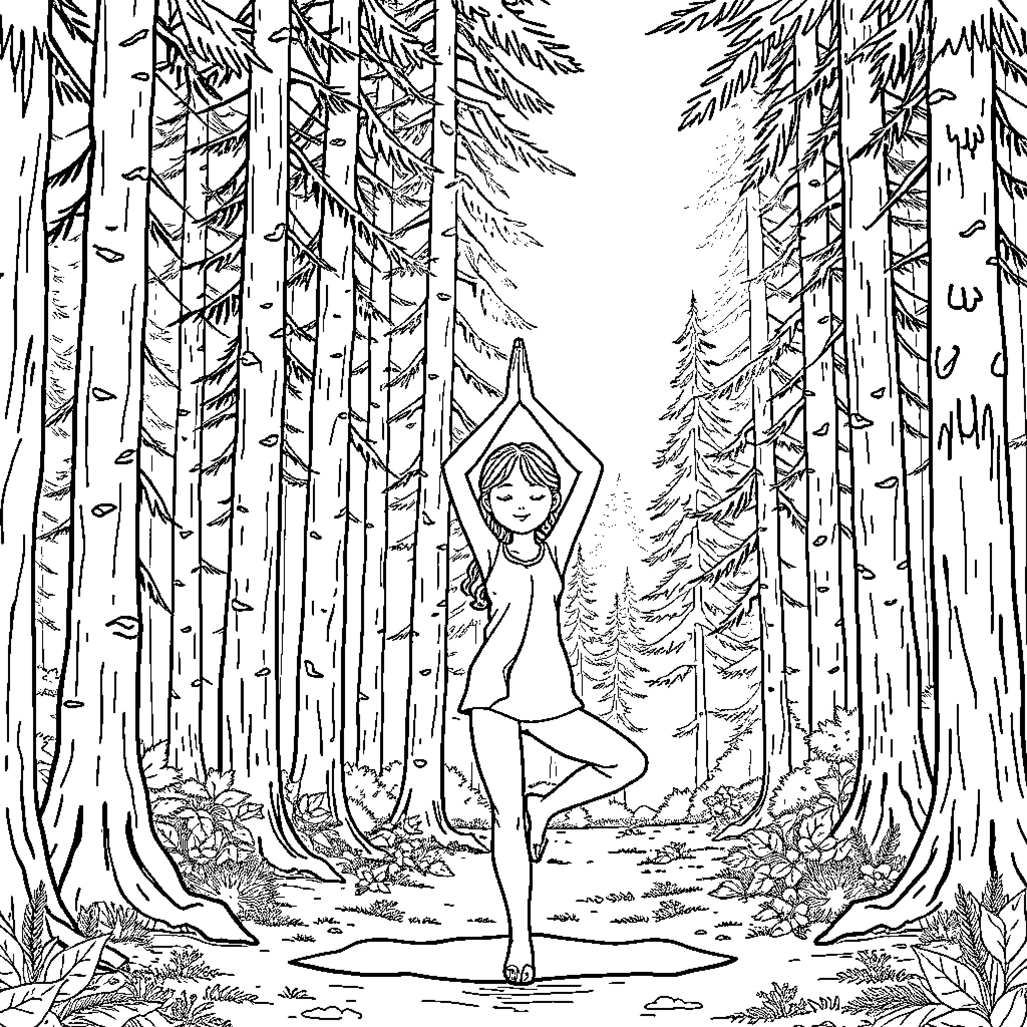 Girl practicing yoga in serene forest Coloring Page (free black-and-white line drawing printable PDF for all, from beginners to advanced learners, including children, teens, adults, and seniors)