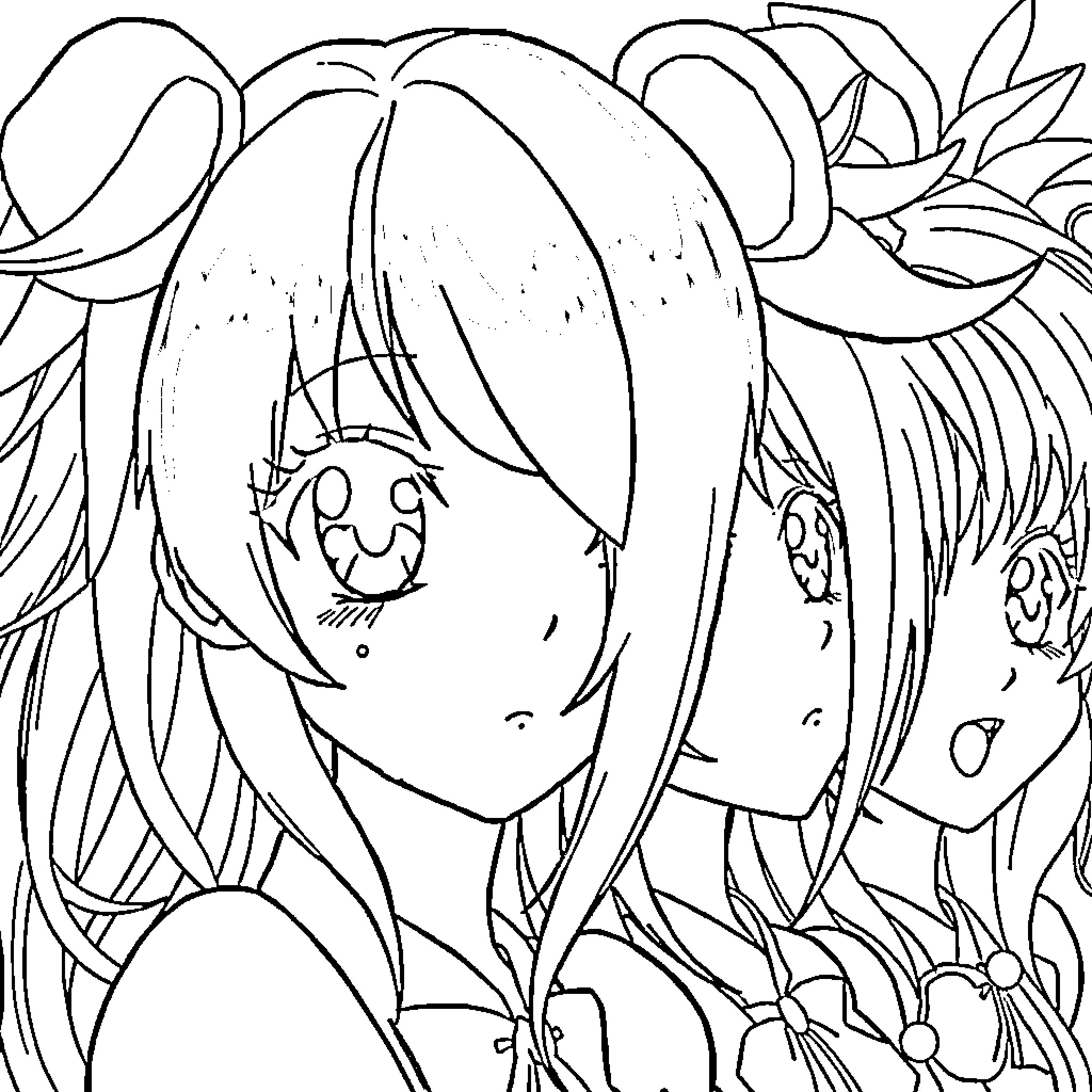 Anime Characters with Expressive Faces Coloring Page (free black-and-white line drawing printable PDF for all, from beginners to advanced learners, including children, teens, adults, and seniors)