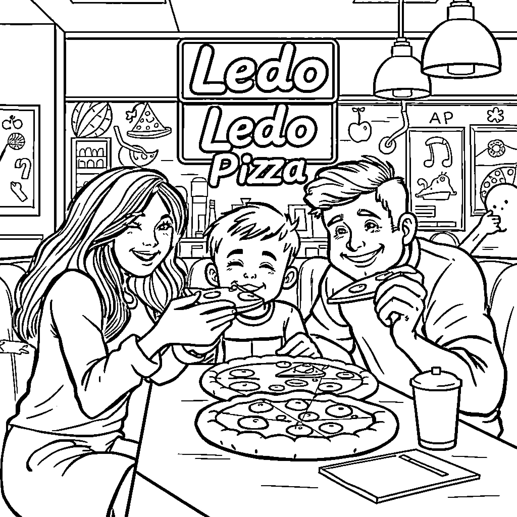 Family Enjoying Pizza at Ledo Ledo Pizza Coloring Page (free black-and-white line drawing printable PDF for all, from beginners to advanced learners, including children, teens, adults, and seniors)