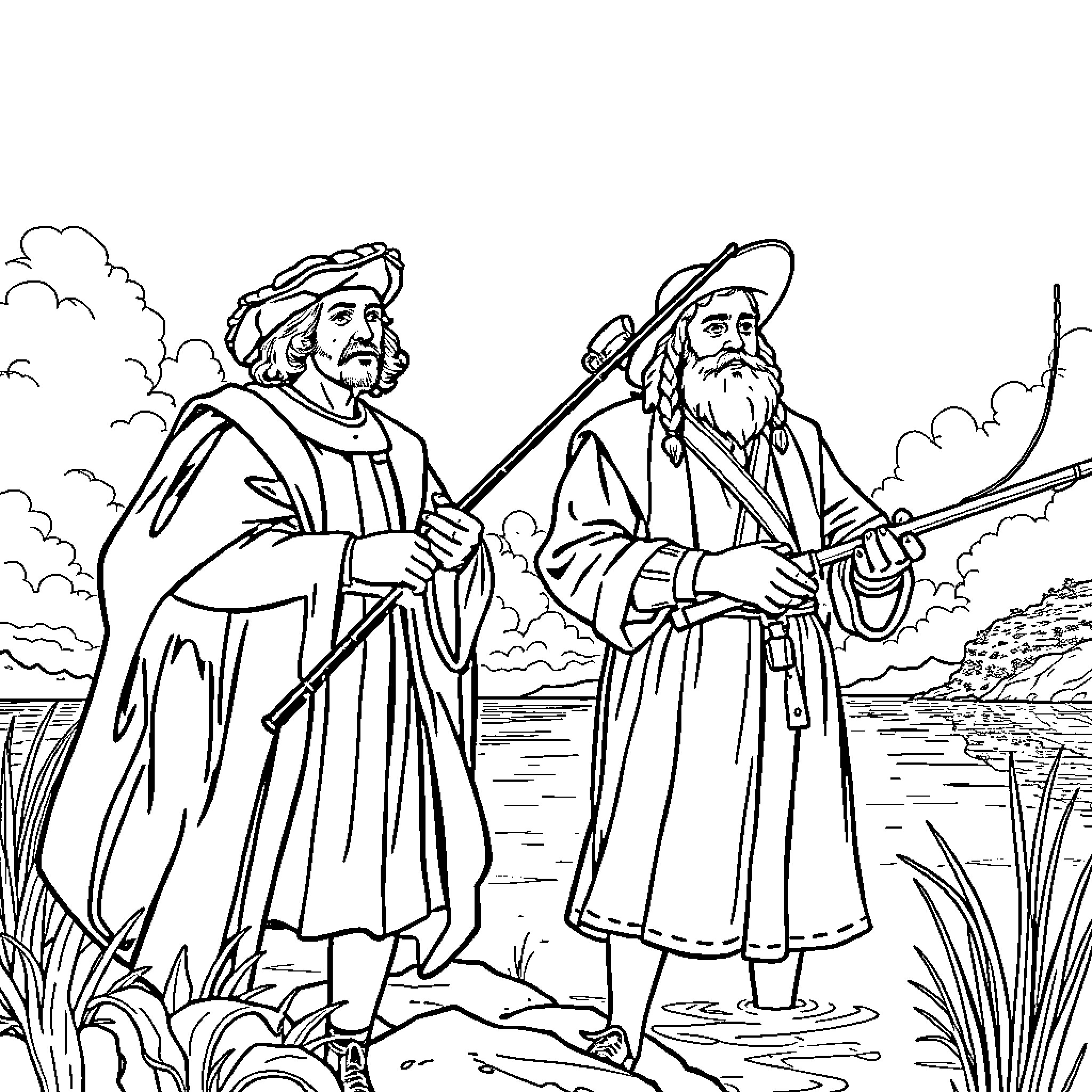 Christopher Columbus and Native Explorer in Historical Attire Coloring Page (free black-and-white line drawing printable PDF for all, from beginners to advanced learners, including children, teens, adults, and seniors)