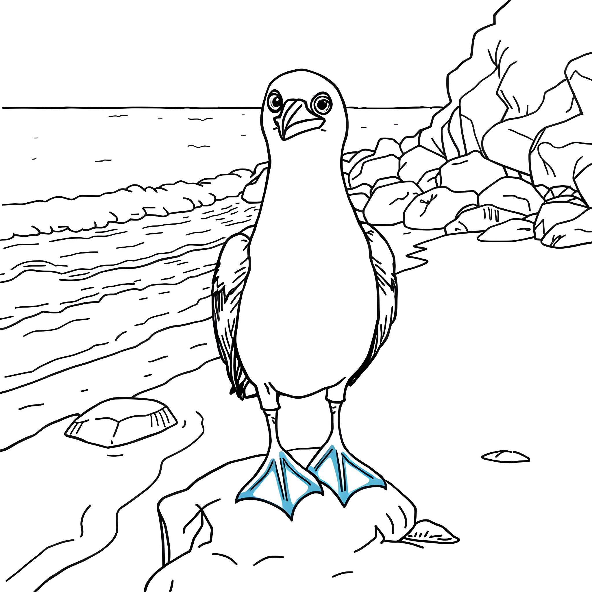 Blue Footed Booby in a Coastal Habitat Coloring Page (free black-and-white line drawing printable PDF for all, from beginners to advanced learners, including children, teens, adults, and seniors)