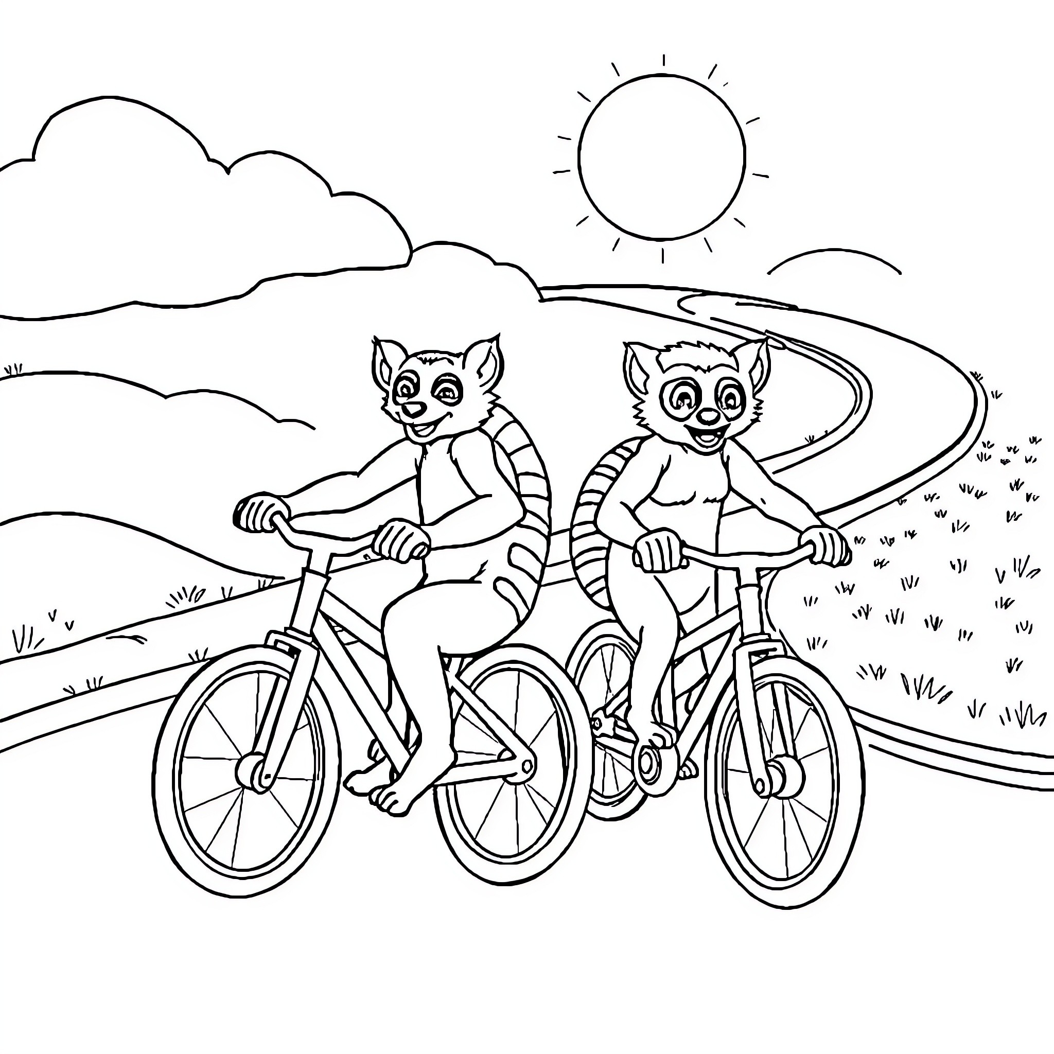 Lemurs riding bicycles in the countryside Coloring Page (free black-and-white line drawing printable PDF for all, from beginners to advanced learners, including children, teens, adults, and seniors)