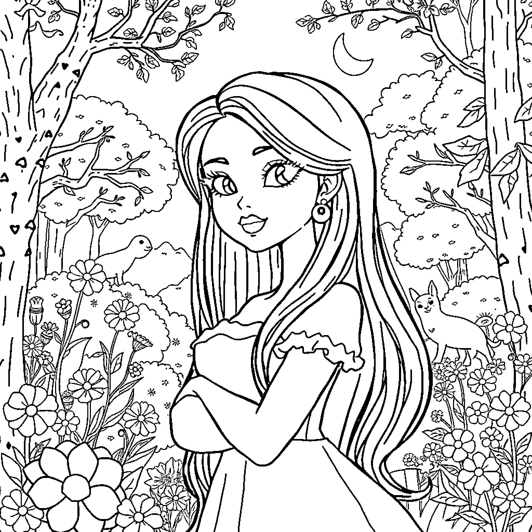 Snow White in a Whimsical Woodland Enchantment Coloring Page (free black-and-white line drawing printable PDF for all, from beginners to advanced learners, including children, teens, adults, and seniors)