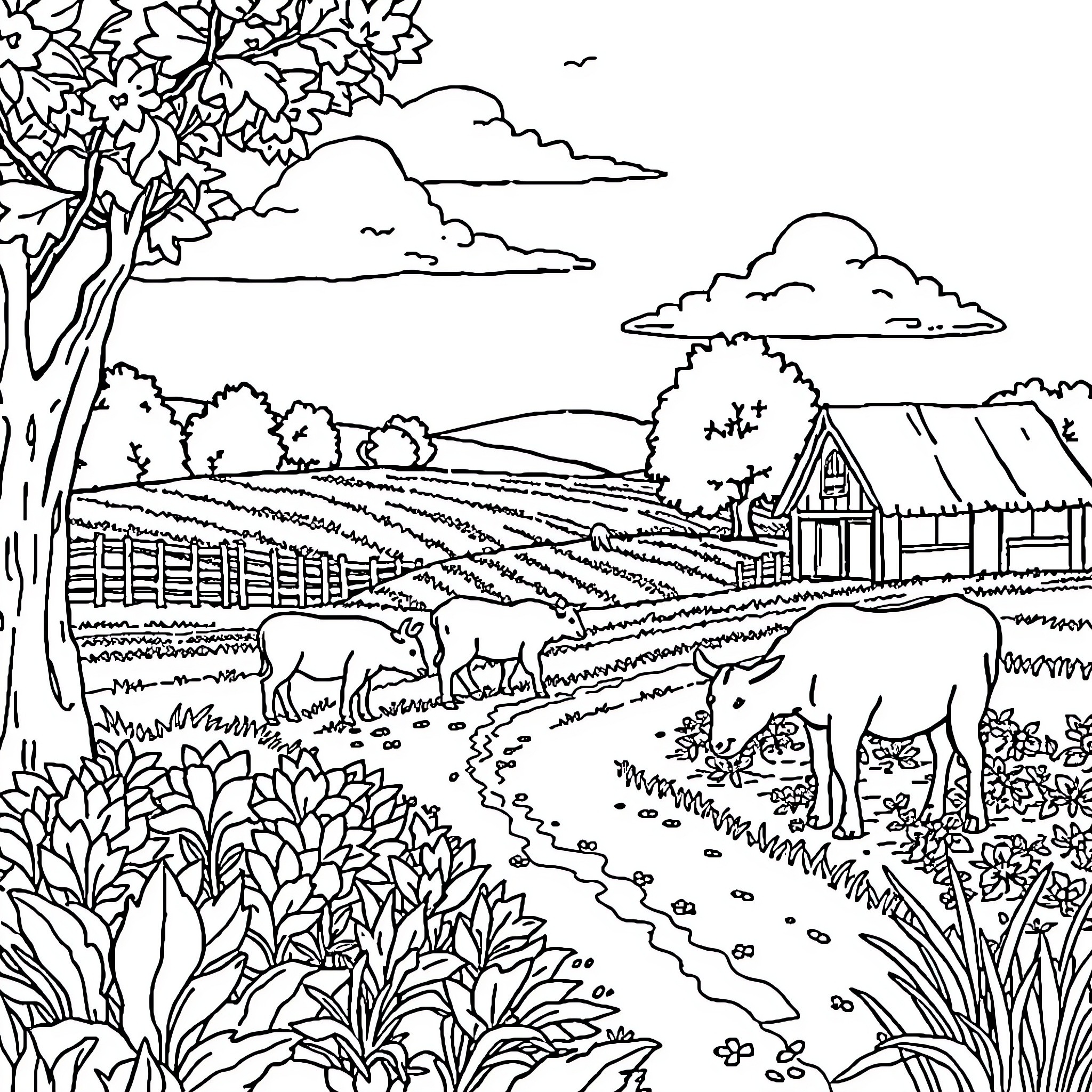 Field with pastoral scene of farm animals and buildings Coloring Page (free black-and-white line drawing printable PDF for all, from beginners to advanced learners, including children, teens, adults, and seniors)