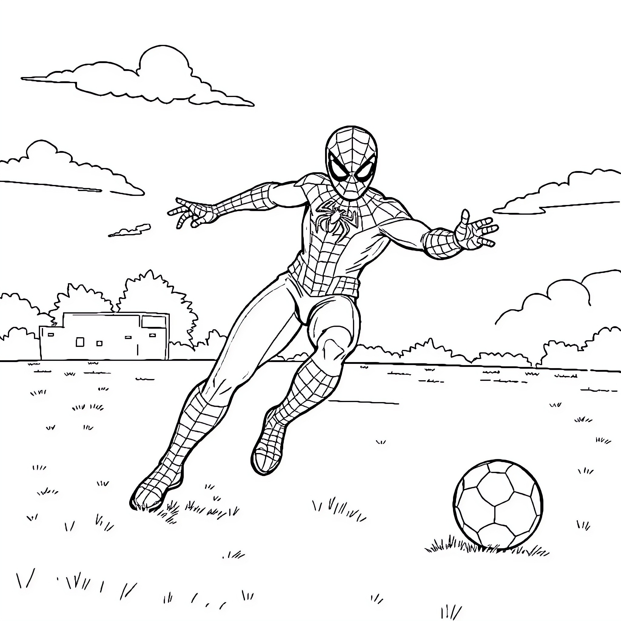 Spiderman playing soccer in the park Coloring Page (free black-and-white line drawing printable PDF for all, from beginners to advanced learners, including children, teens, adults, and seniors)