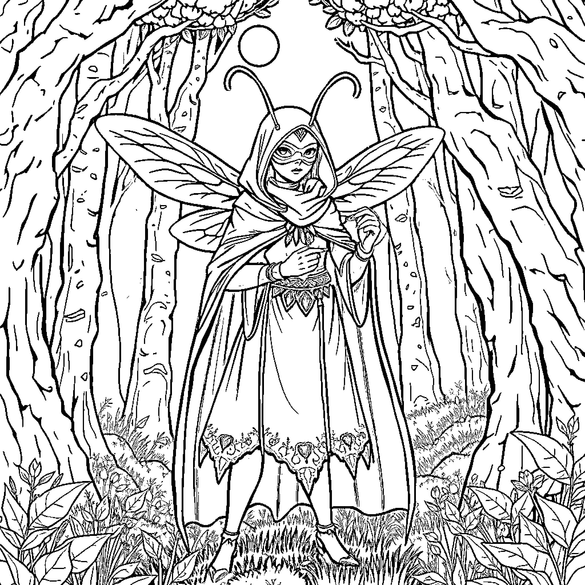 Hornet Fairy in Enchanted Forest Coloring Page (free black-and-white line drawing printable PDF for all, from beginners to advanced learners, including children, teens, adults, and seniors)