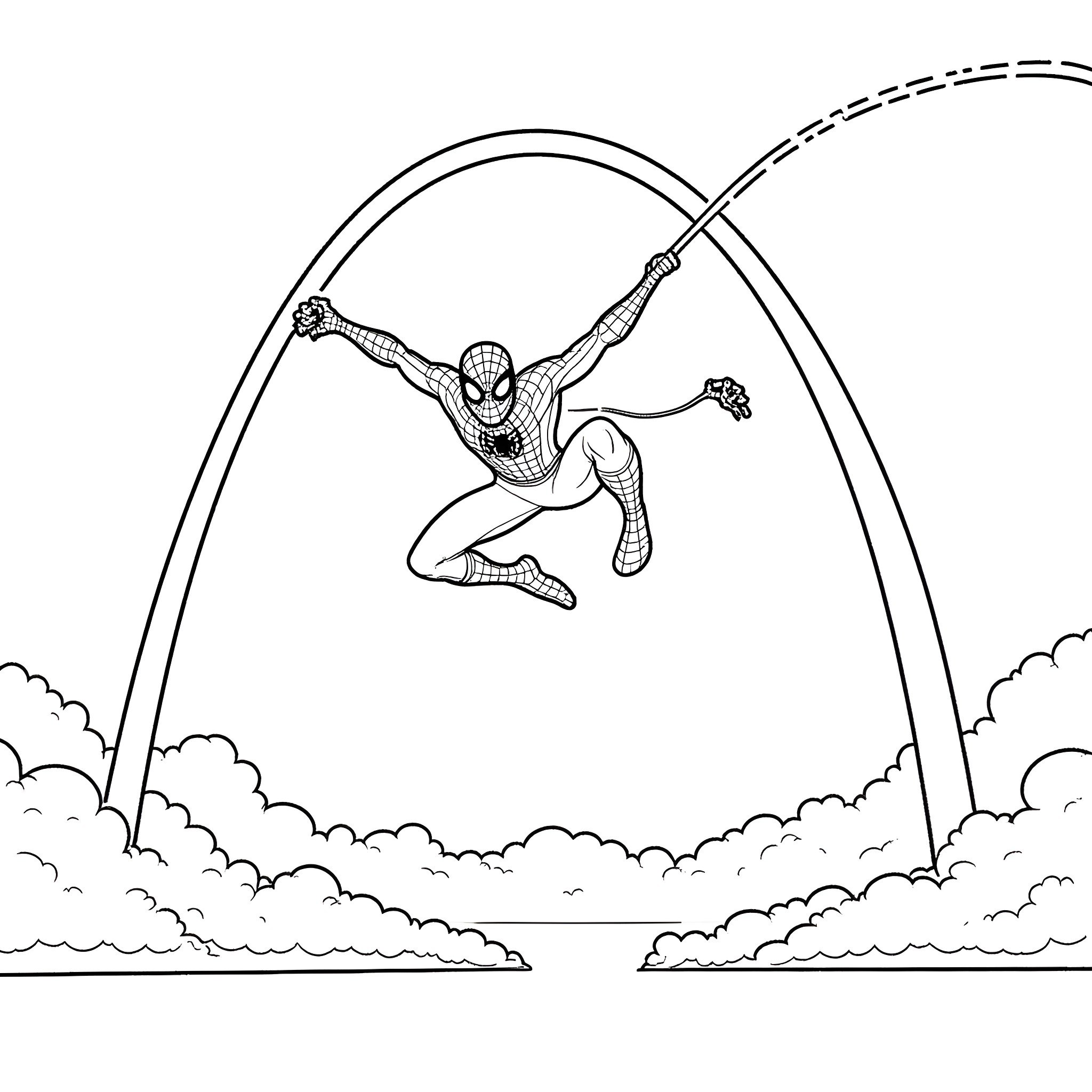 Spiderman swinging through the air with acrobatic poses Coloring Page (free black-and-white line drawing printable PDF for all, from beginners to advanced learners, including children, teens, adults, and seniors)