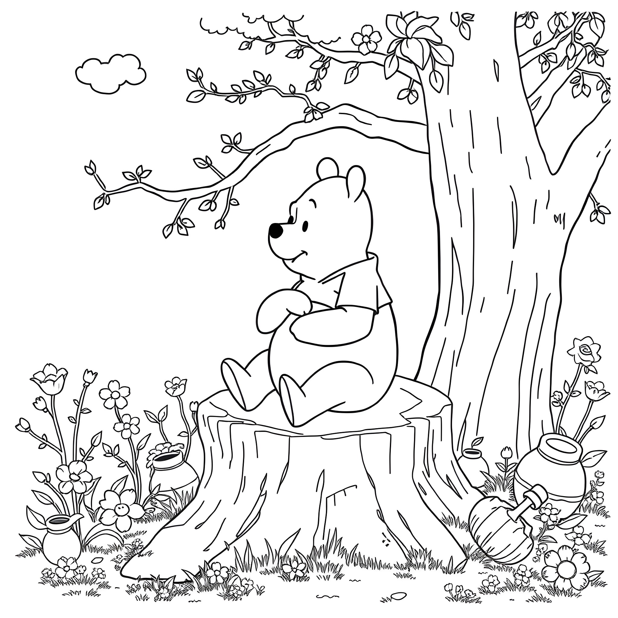 Winnie The Pooh sitting on a tree stump in the forest Coloring Page (free black-and-white line drawing printable PDF for all, from beginners to advanced learners, including children, teens, adults, and seniors)
