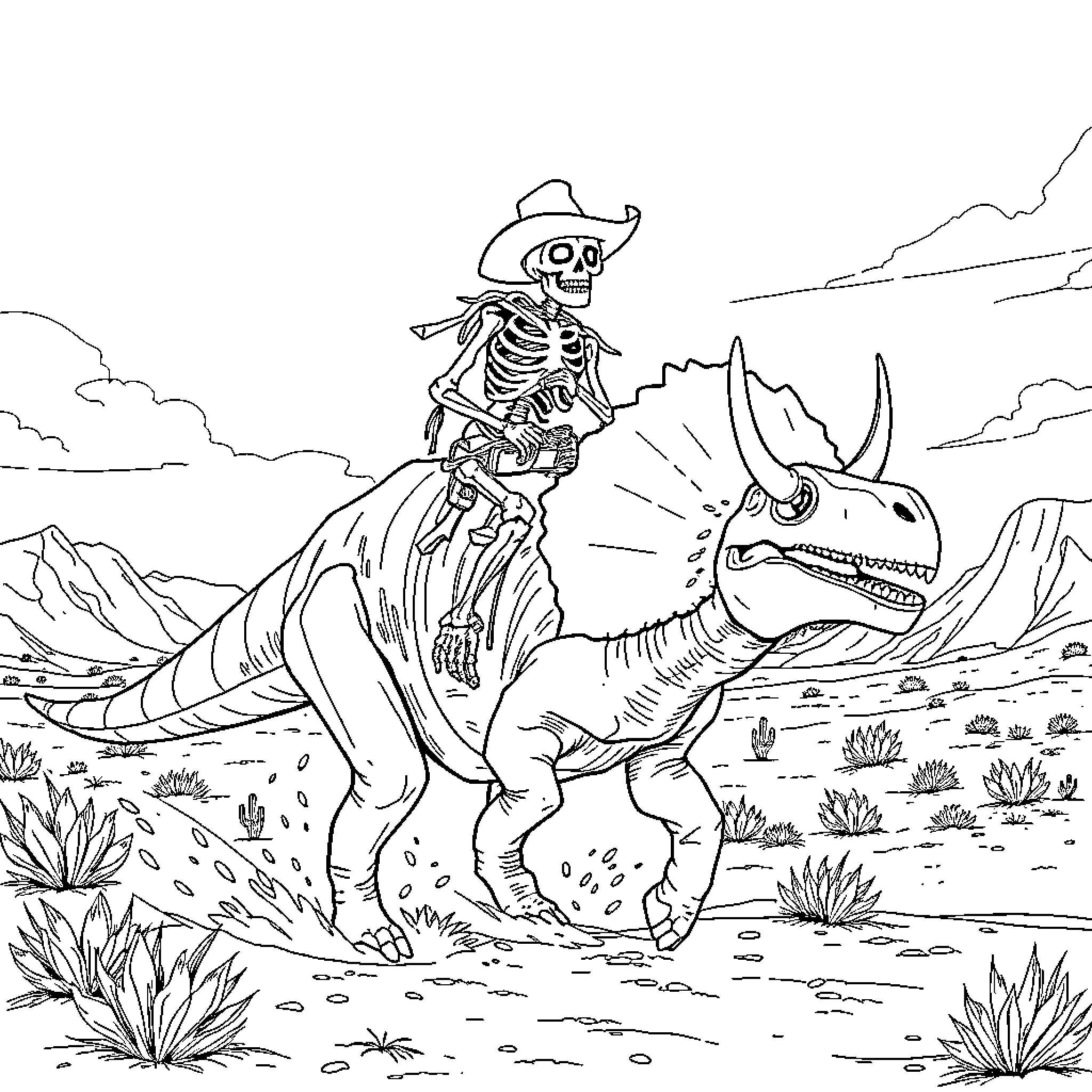 Skeleton Cowboy riding a fearsome dinosaur in the desert Coloring Page (free black-and-white line drawing printable PDF for all, from beginners to advanced learners, including children, teens, adults, and seniors)