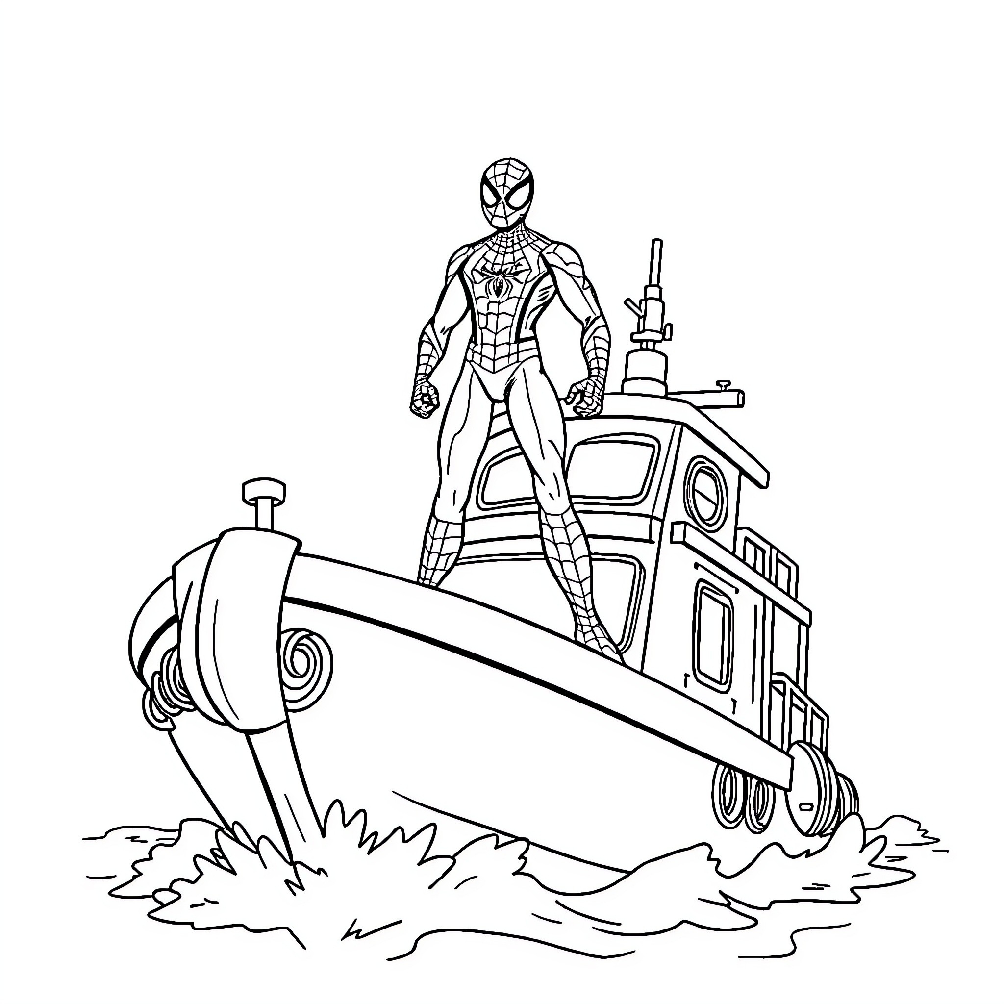 Spiderman standing heroically on a boat Coloring Page (free black-and-white line drawing printable PDF for all, from beginners to advanced learners, including children, teens, adults, and seniors)