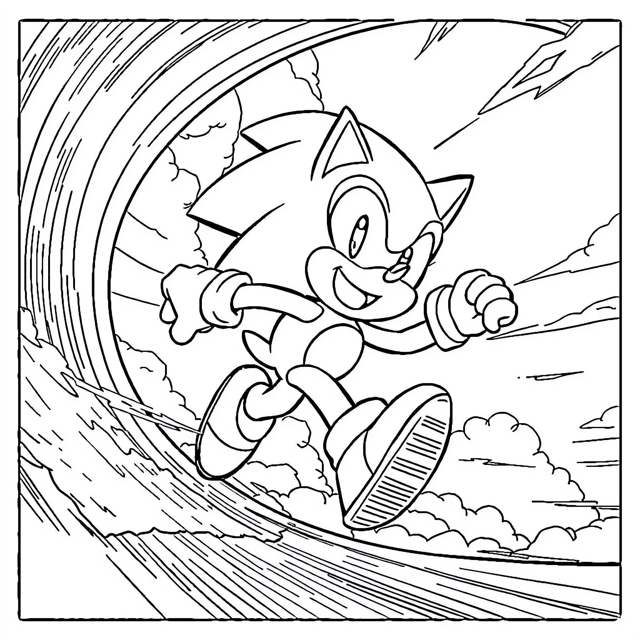 Sonic running through a dynamic landscape Coloring Page (free black-and-white line drawing printable PDF for all, from beginners to advanced learners, including children, teens, adults, and seniors)