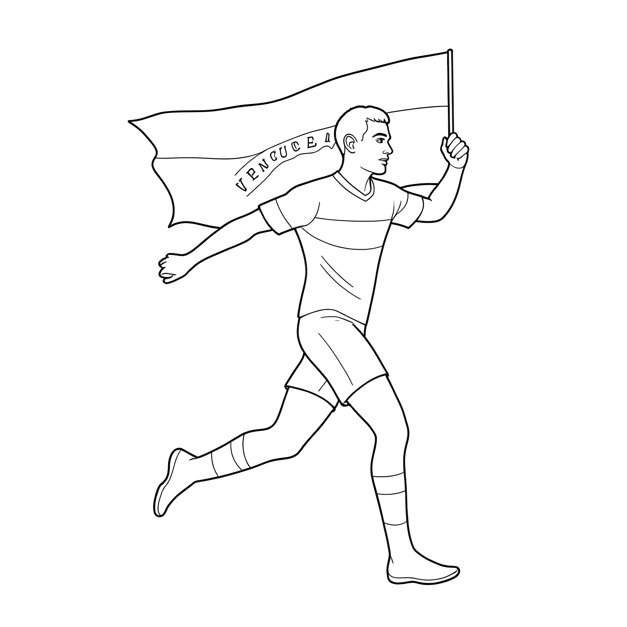 Soccer Player Running with Team Flag Coloring Page (free black-and-white line drawing printable PDF for all, from beginners to advanced learners, including children, teens, adults, and seniors)