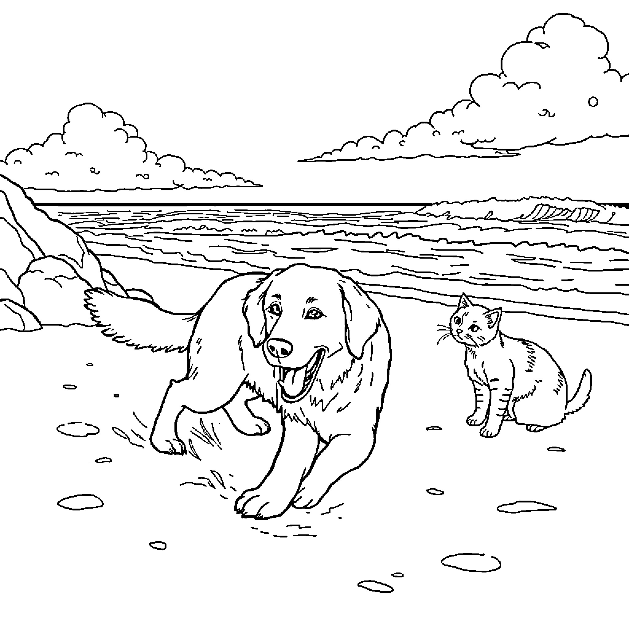 Dog and cat playing on the beach Coloring Page (free black-and-white line drawing printable PDF for all, from beginners to advanced learners, including children, teens, adults, and seniors)