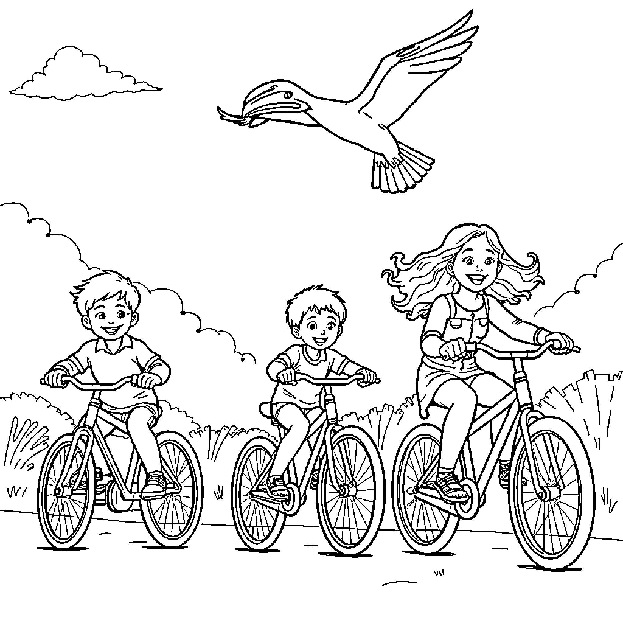Bike ride in nature with friends Coloring Page (free black-and-white line drawing printable PDF for all, from beginners to advanced learners, including children, teens, adults, and seniors)