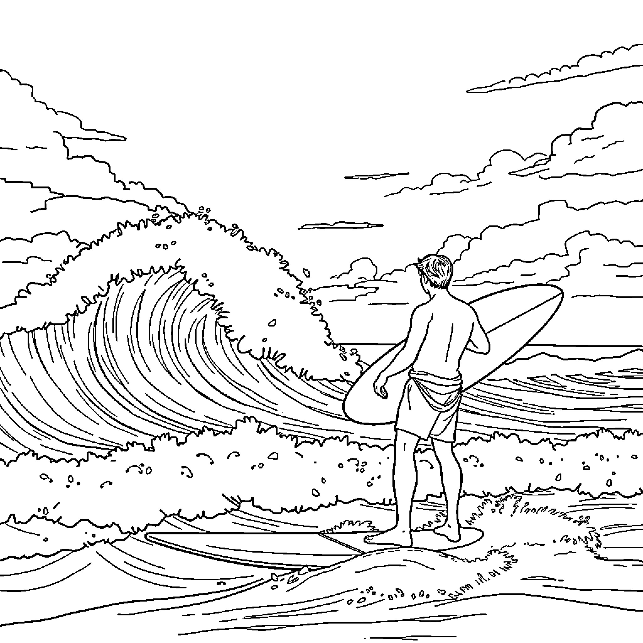 Surfer facing the crashing waves on the beach Coloring Page (free black-and-white line drawing printable PDF for all, from beginners to advanced learners, including children, teens, adults, and seniors)