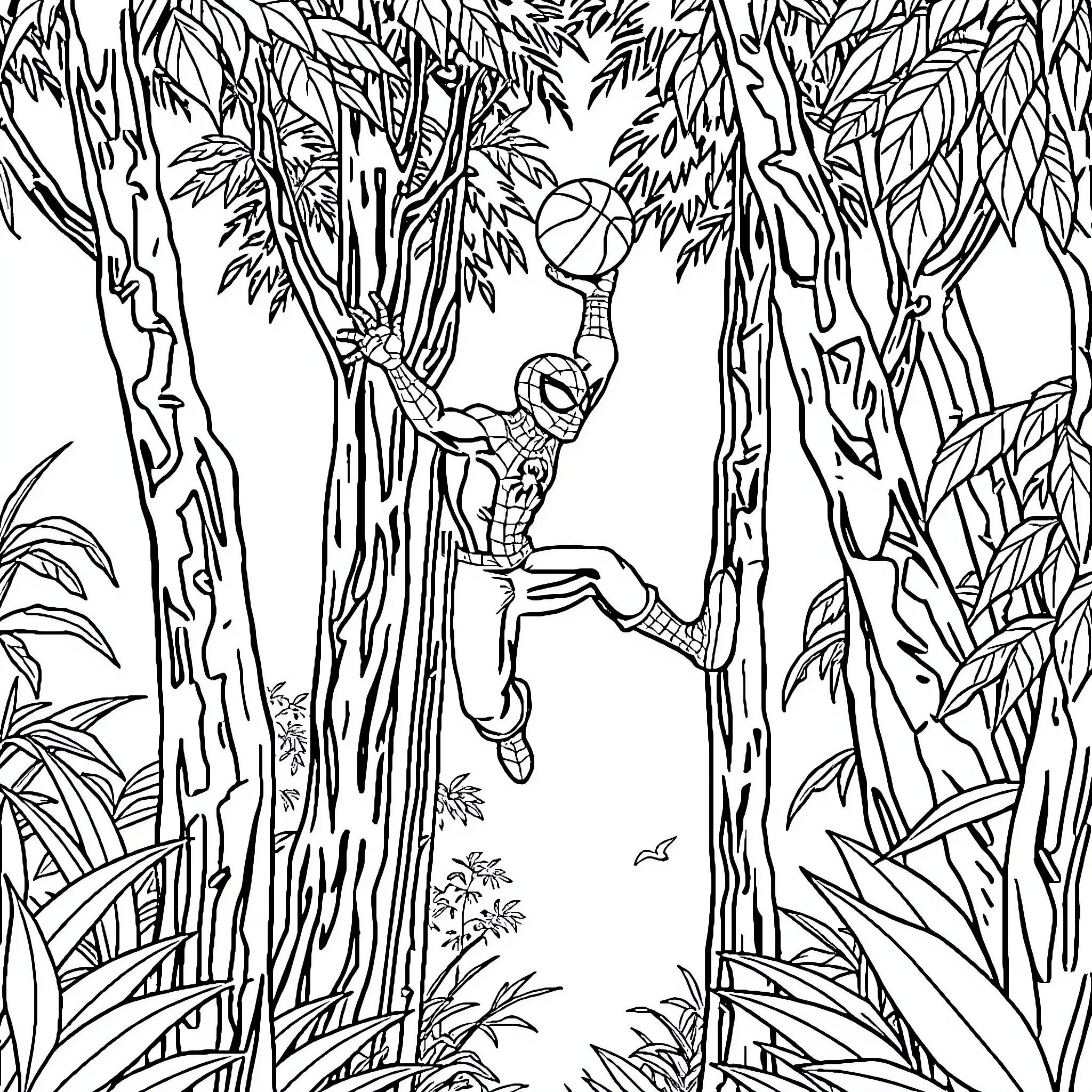 Spider-Man swinging through the jungle Coloring Page (free black-and-white line drawing printable PDF for all, from beginners to advanced learners, including children, teens, adults, and seniors)