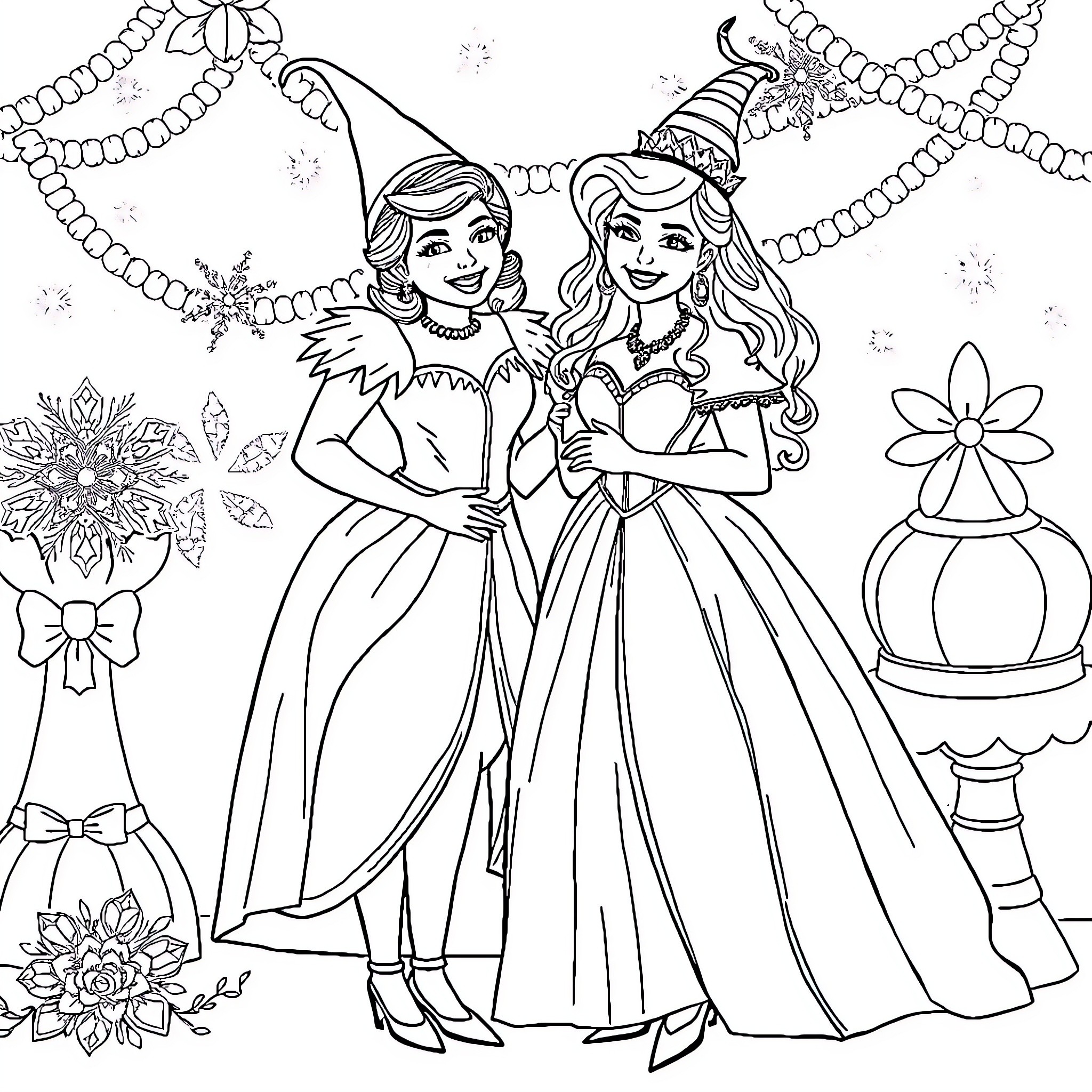 Witch Sisters Celebrating the Holidays Coloring Page (free black-and-white line drawing printable PDF for all, from beginners to advanced learners, including children, teens, adults, and seniors)