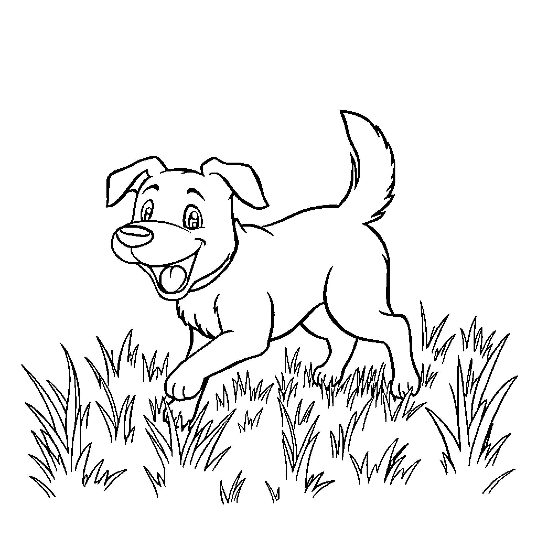 Dog playing joyfully in the grass Coloring Page (free black-and-white line drawing printable PDF for all, from beginners to advanced learners, including children, teens, adults, and seniors)