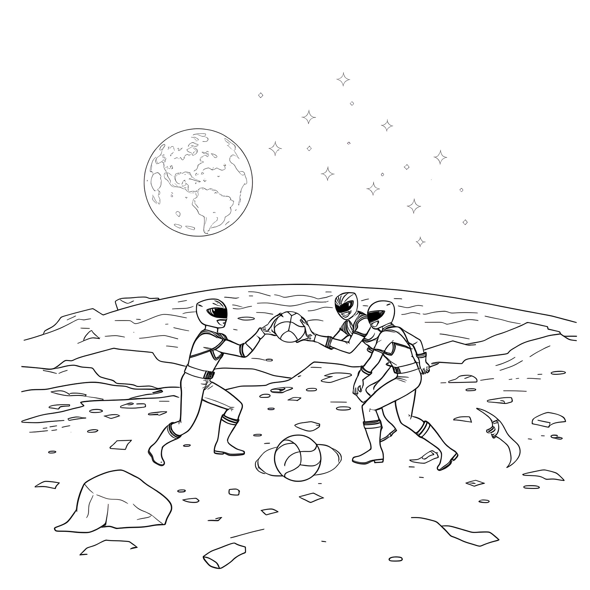 Power Rangers fighting on an alien planet Coloring Page (free black-and-white line drawing printable PDF for all, from beginners to advanced learners, including children, teens, adults, and seniors)