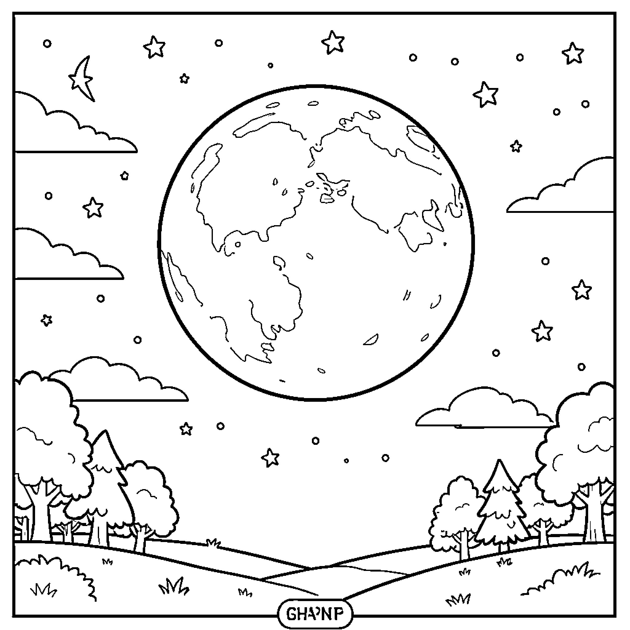 Moon shining over a peaceful landscape with trees Coloring Page (free black-and-white line drawing printable PDF for all, from beginners to advanced learners, including children, teens, adults, and seniors)