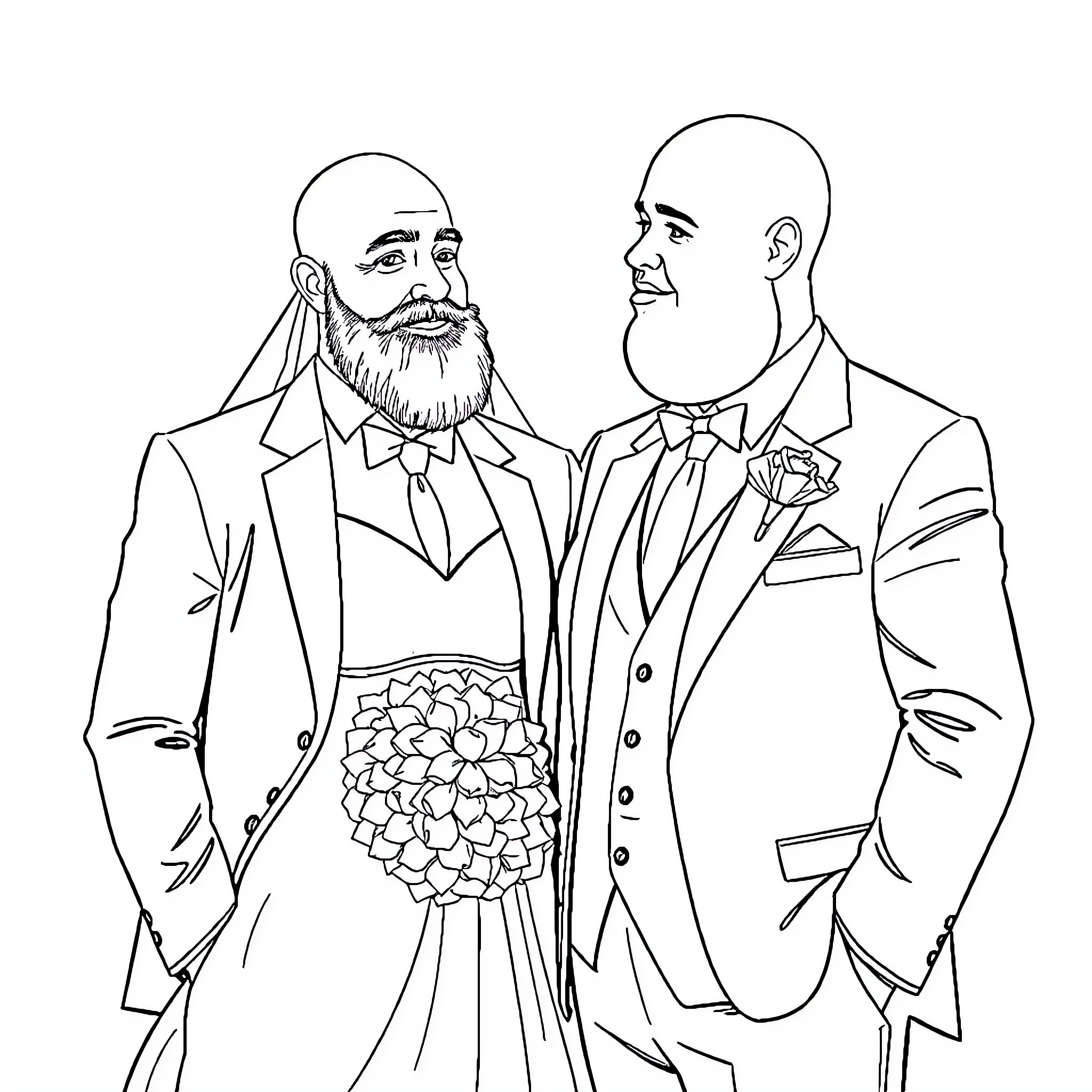 Wedding Couple in Formal Attire Coloring Page (free black-and-white line drawing printable PDF for all, from beginners to advanced learners, including children, teens, adults, and seniors)