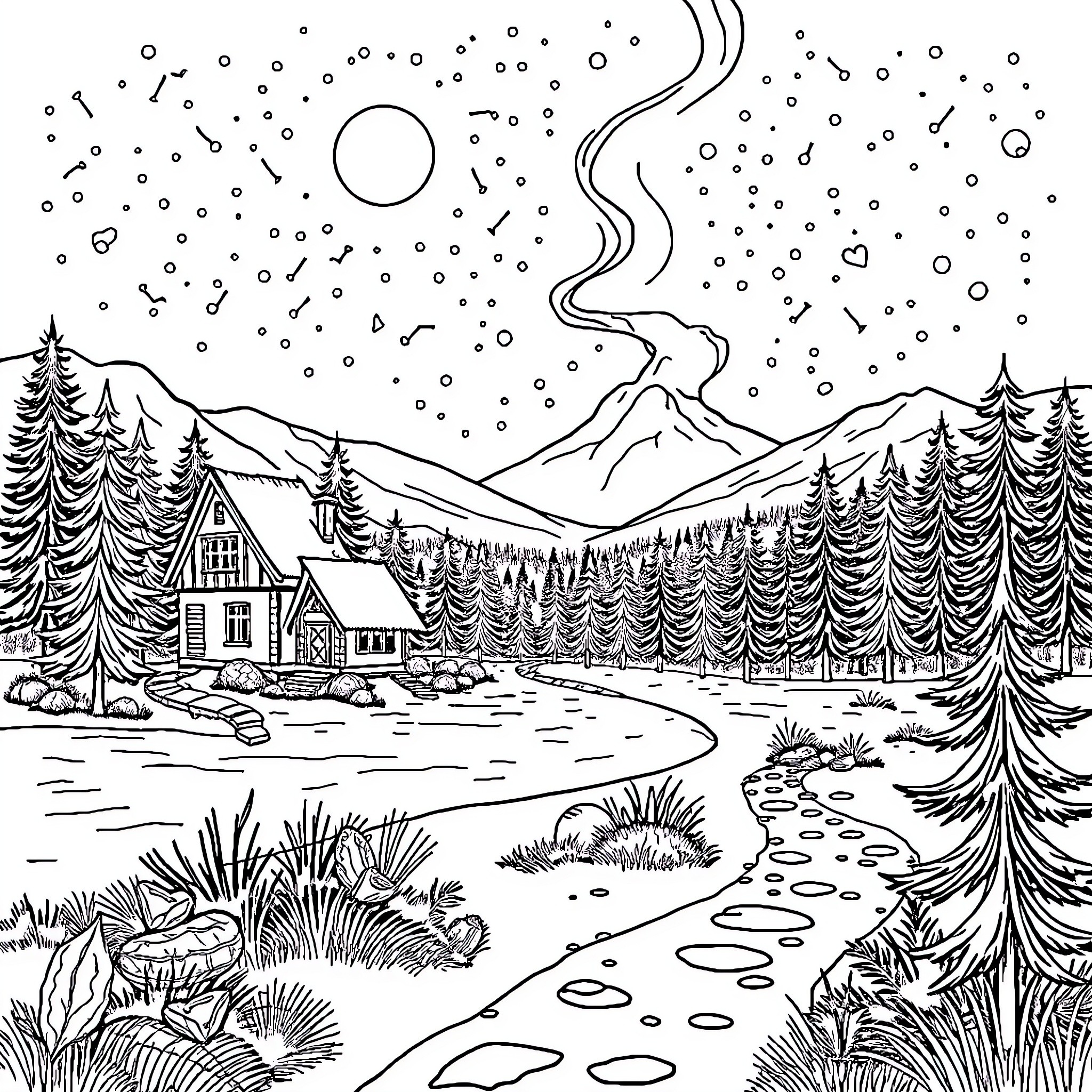 Orava Winter Wonderland Scene Coloring Page (free black-and-white line drawing printable PDF for all, from beginners to advanced learners, including children, teens, adults, and seniors)