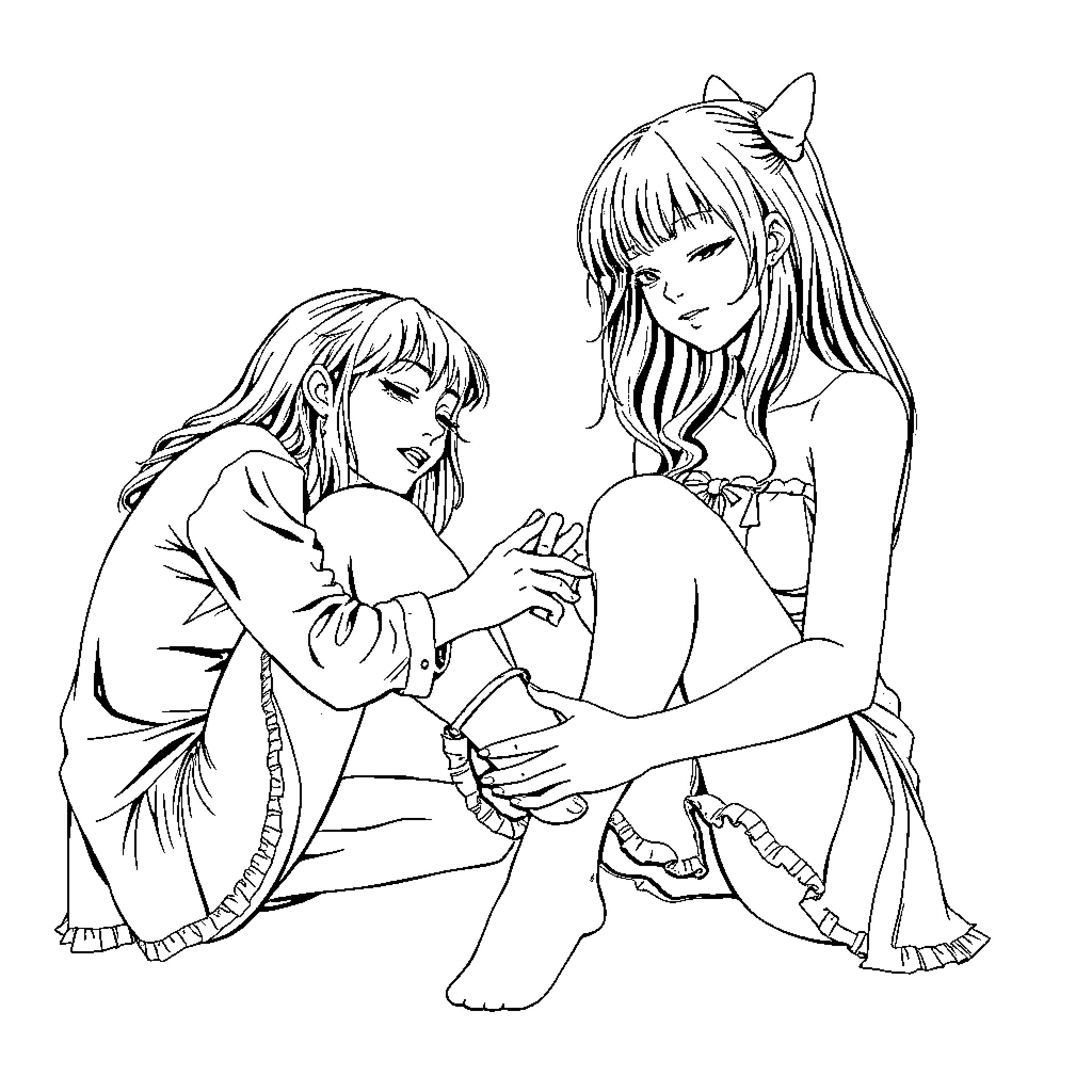 Goth Girls Sharing a Moment Coloring Page (free black-and-white line drawing printable PDF for all, from beginners to advanced learners, including children, teens, adults, and seniors)