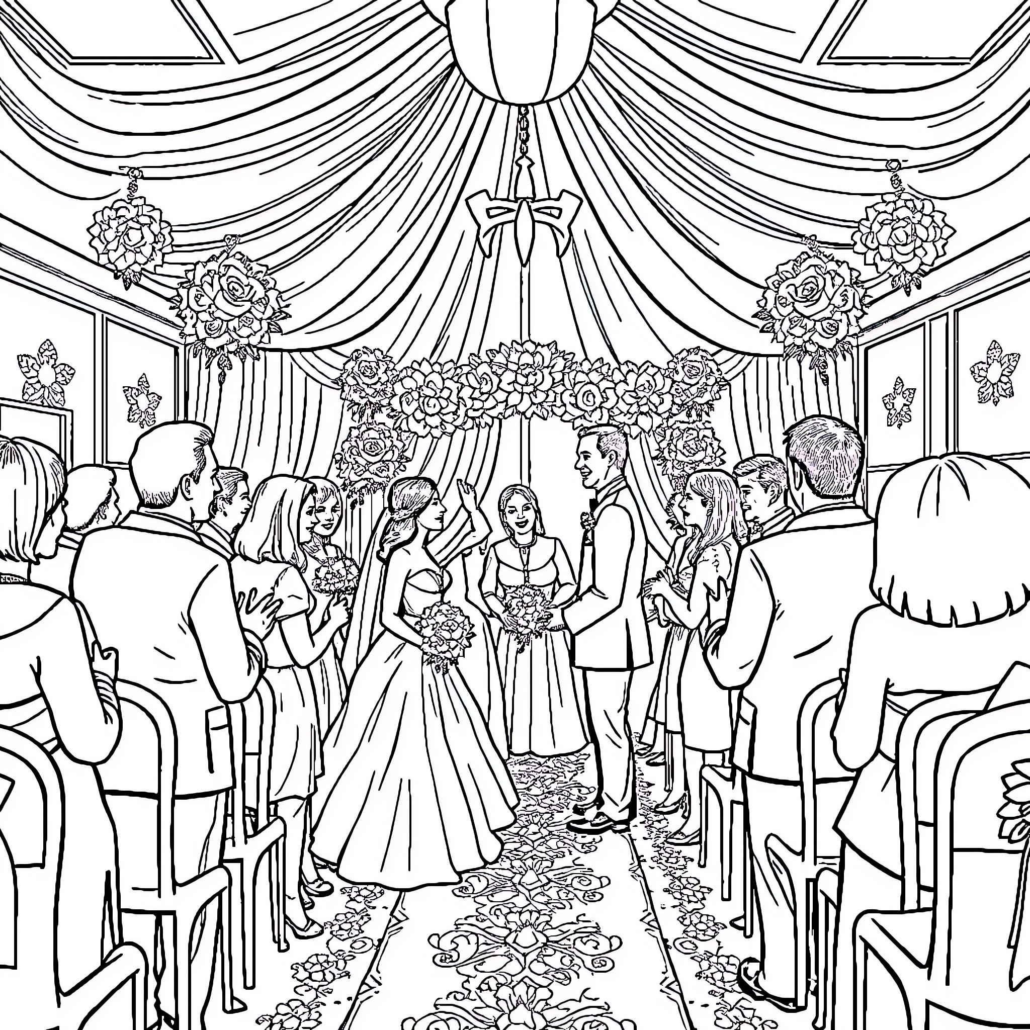 Wedding ceremony with flowers and decor Coloring Page (free black-and-white line drawing printable PDF for all, from beginners to advanced learners, including children, teens, adults, and seniors)