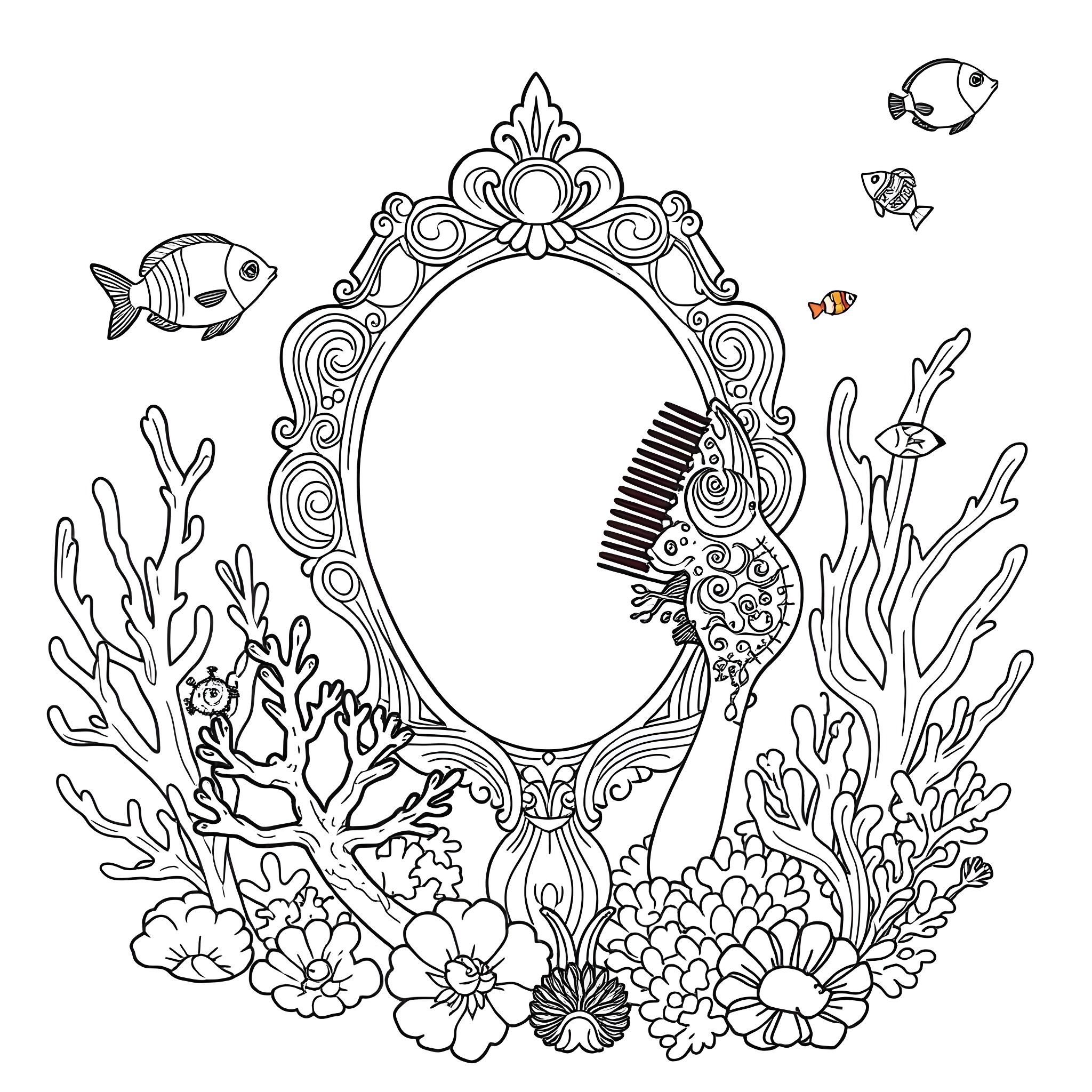 Mermaid's ornate mirror surrounded by sea life Coloring Page (free black-and-white line drawing printable PDF for all, from beginners to advanced learners, including children, teens, adults, and seniors)