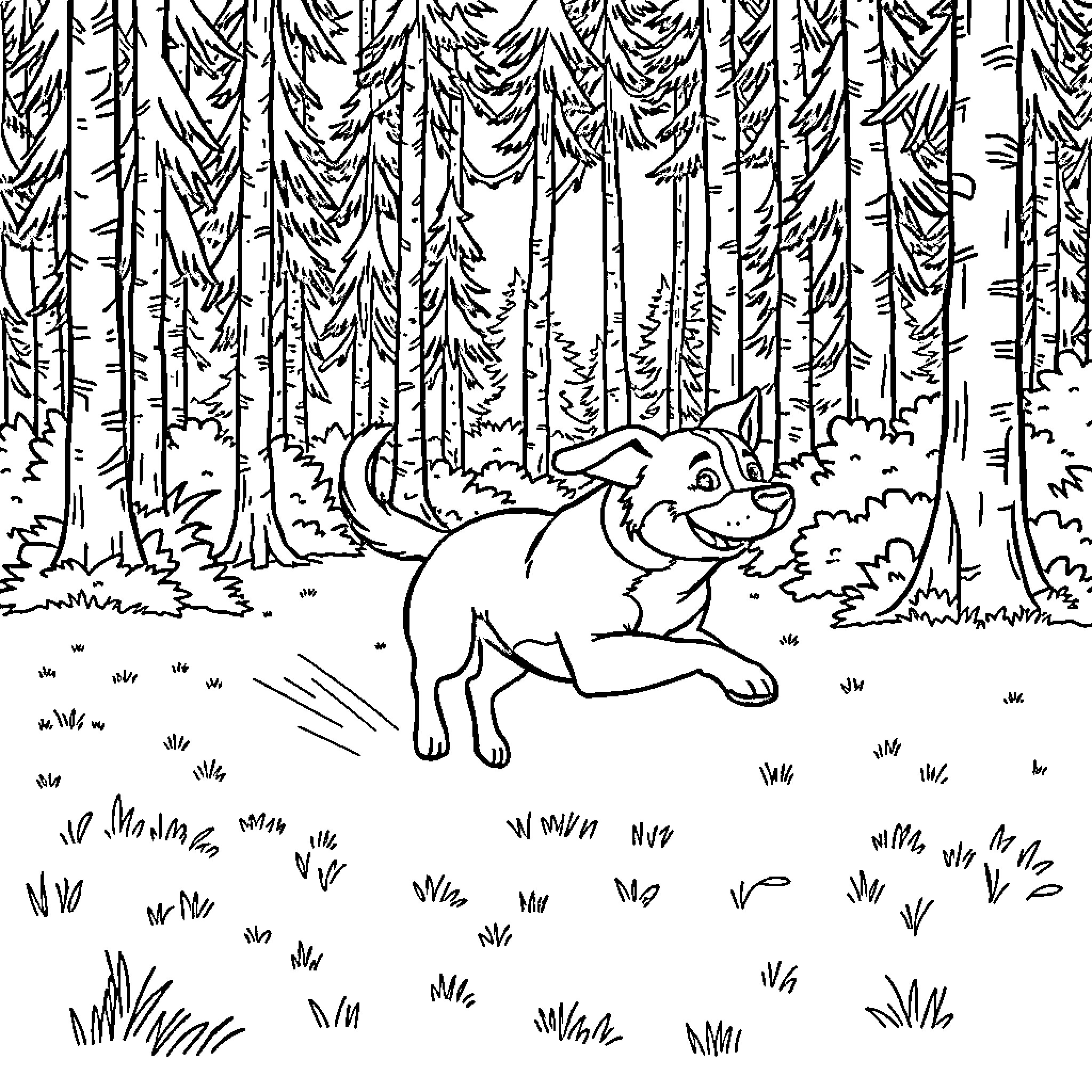 Dog running joyfully through the forest Coloring Page (free black-and-white line drawing printable PDF for all, from beginners to advanced learners, including children, teens, adults, and seniors)