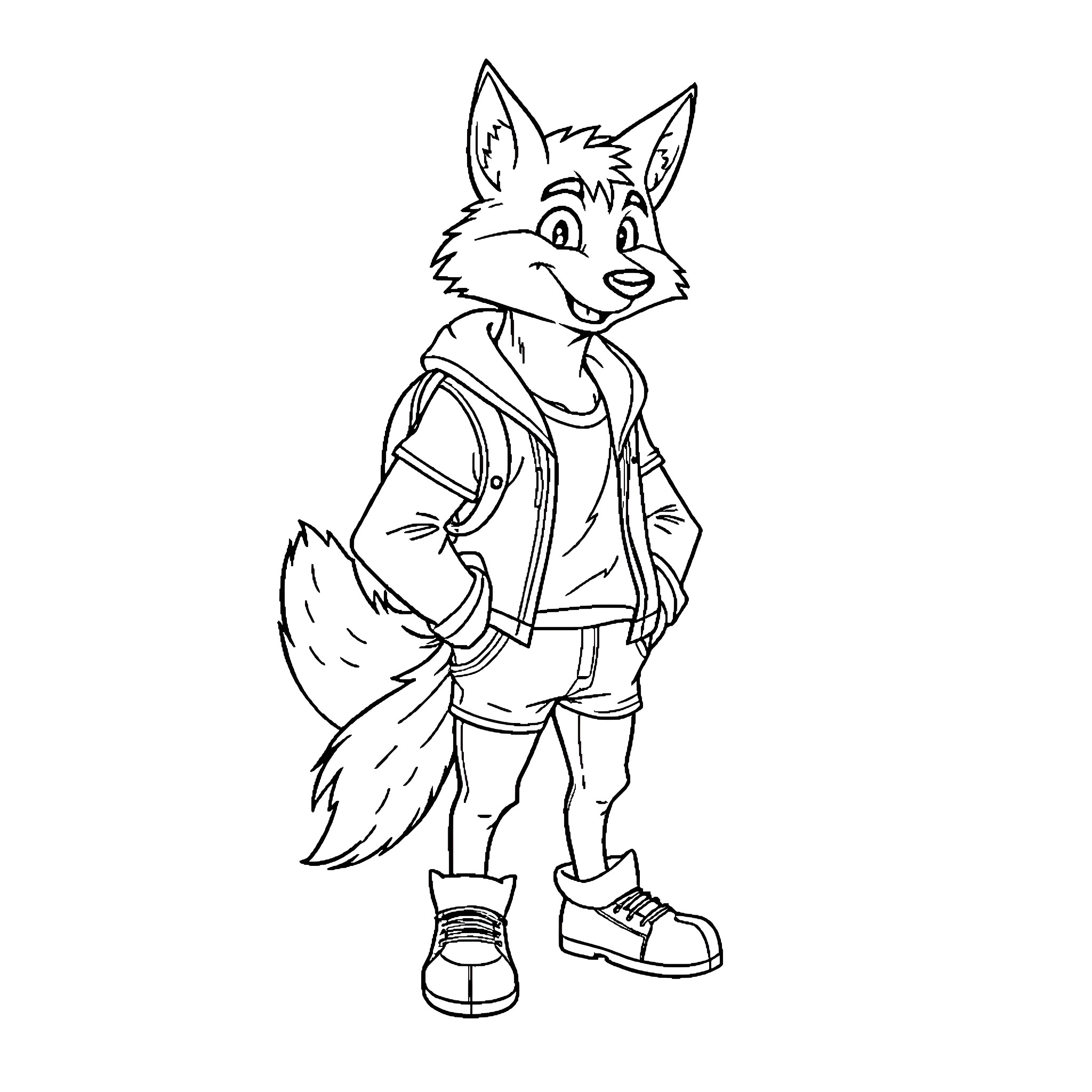 Wolf in casual outfit looking happy Coloring Page (free black-and-white line drawing printable PDF for all, from beginners to advanced learners, including children, teens, adults, and seniors)